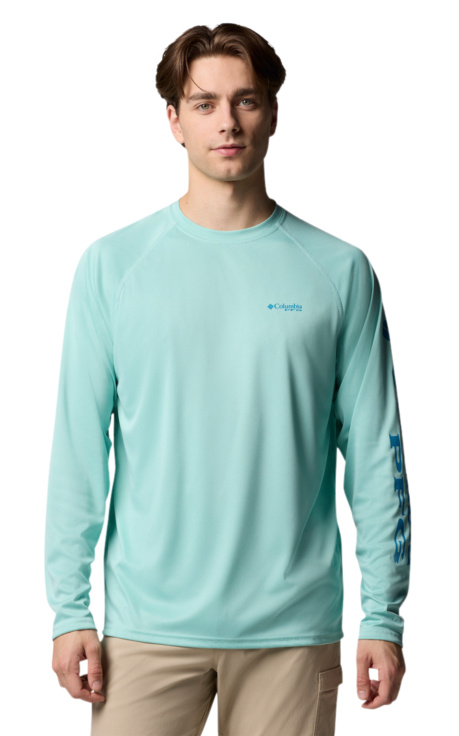 Image of Columbia PFG Terminal Tackle Heather Long-Sleeve Shirt for Men - Spray Heather/Blue Echo Logo