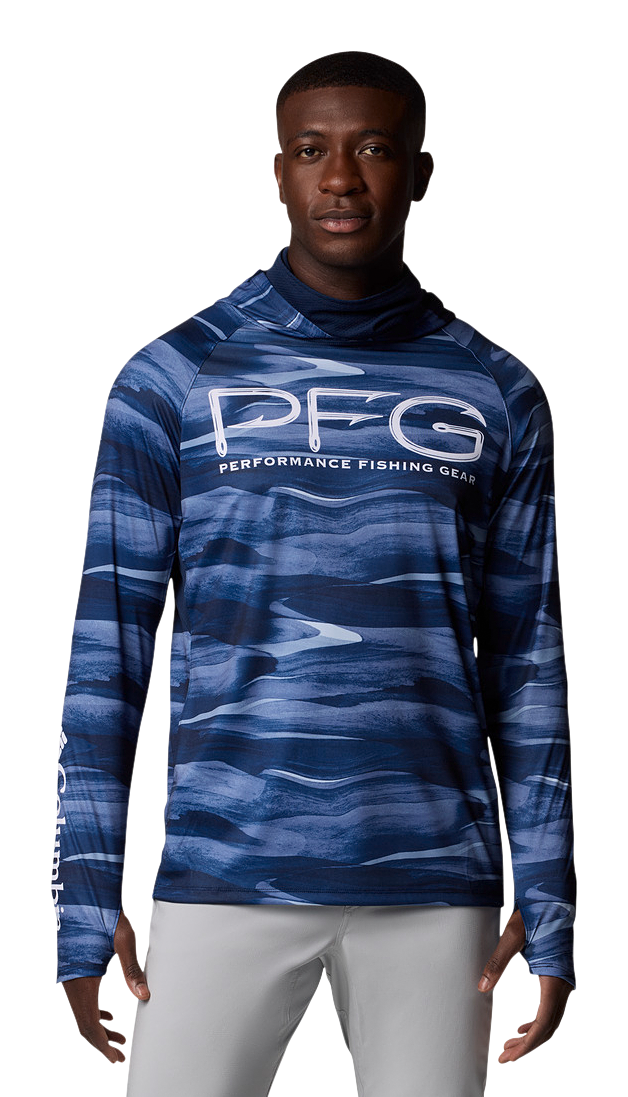 Image of Columbia Super Terminal Tackle Vent Long-Sleeve Hoodie for Men - Collegiate Navy Obsidian - S