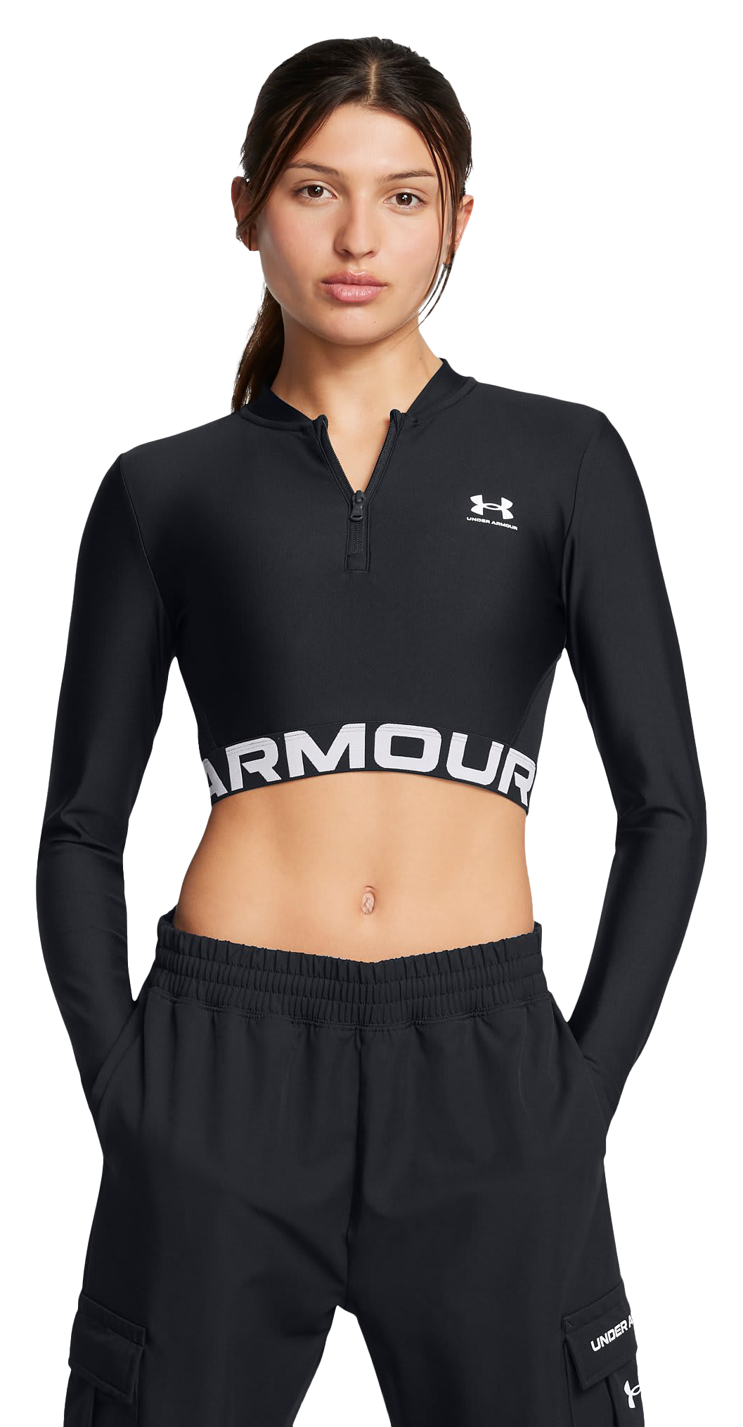Image of Under Armour HeatGear Rib 1/4-Zip Long-Sleeve Shirt for Ladies - Black/White - XXL