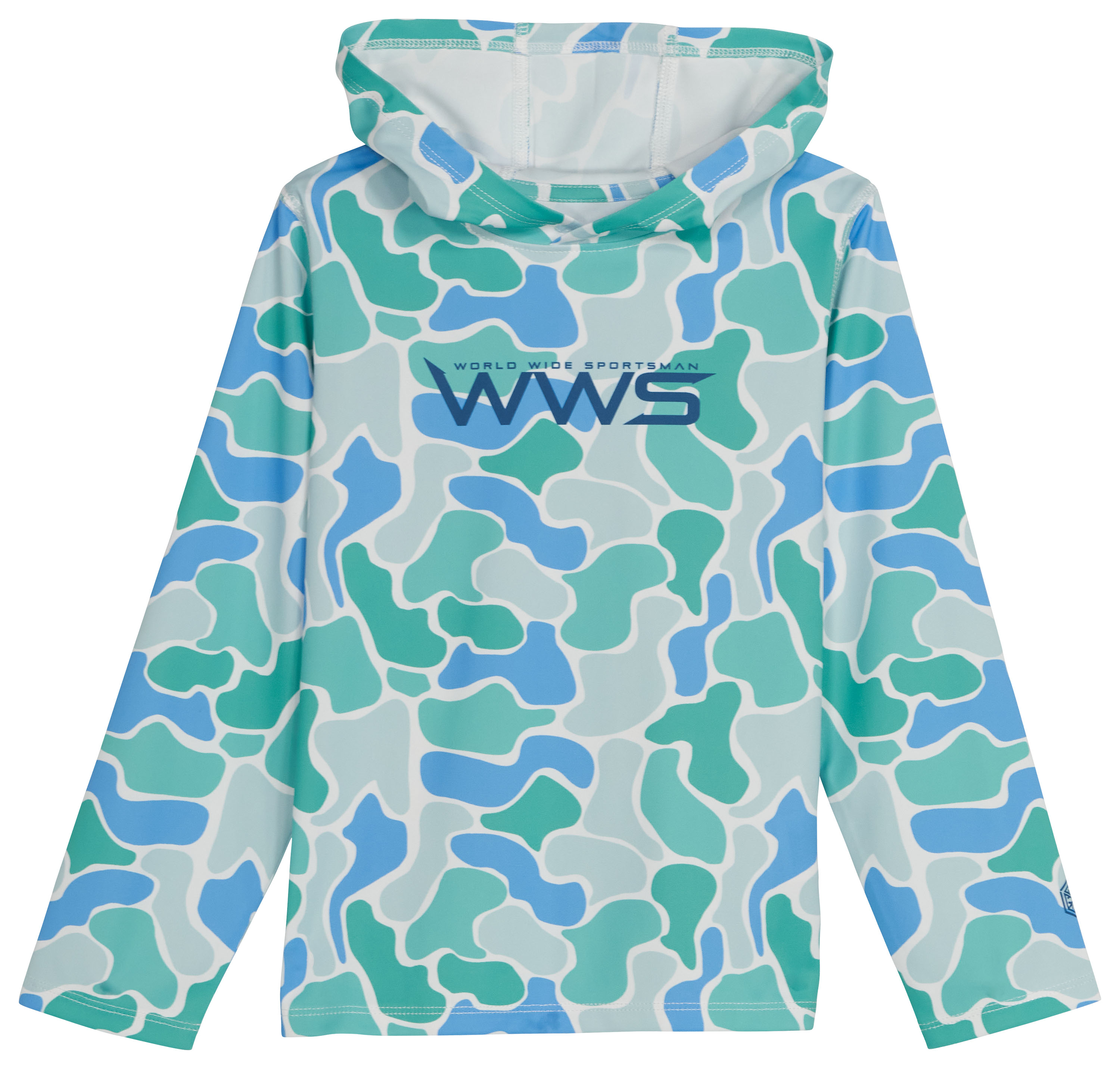 Image of World Wide Sportsman Logo 3D Cool Surfcaster Hoodie for Kids - Abstract Agua Camo - M