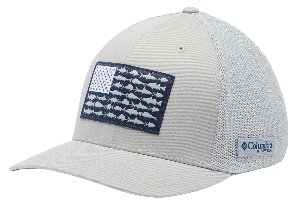 Image of Columbia PFG Mesh Fish Flag Ball Cap - Cool Grey/Nocturnal US Fish Flag - L/XL