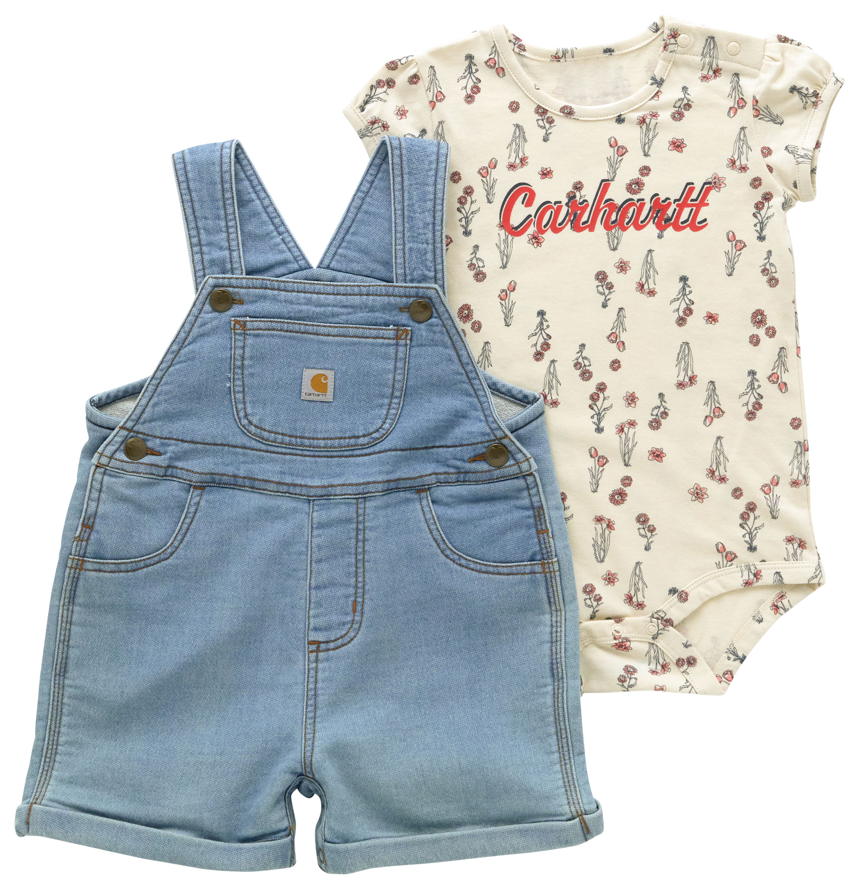 Image of Carhartt Floral Short-Sleeve Bodysuit and Denim Shortalls Set for Babies - Light Wash - 6 Months
