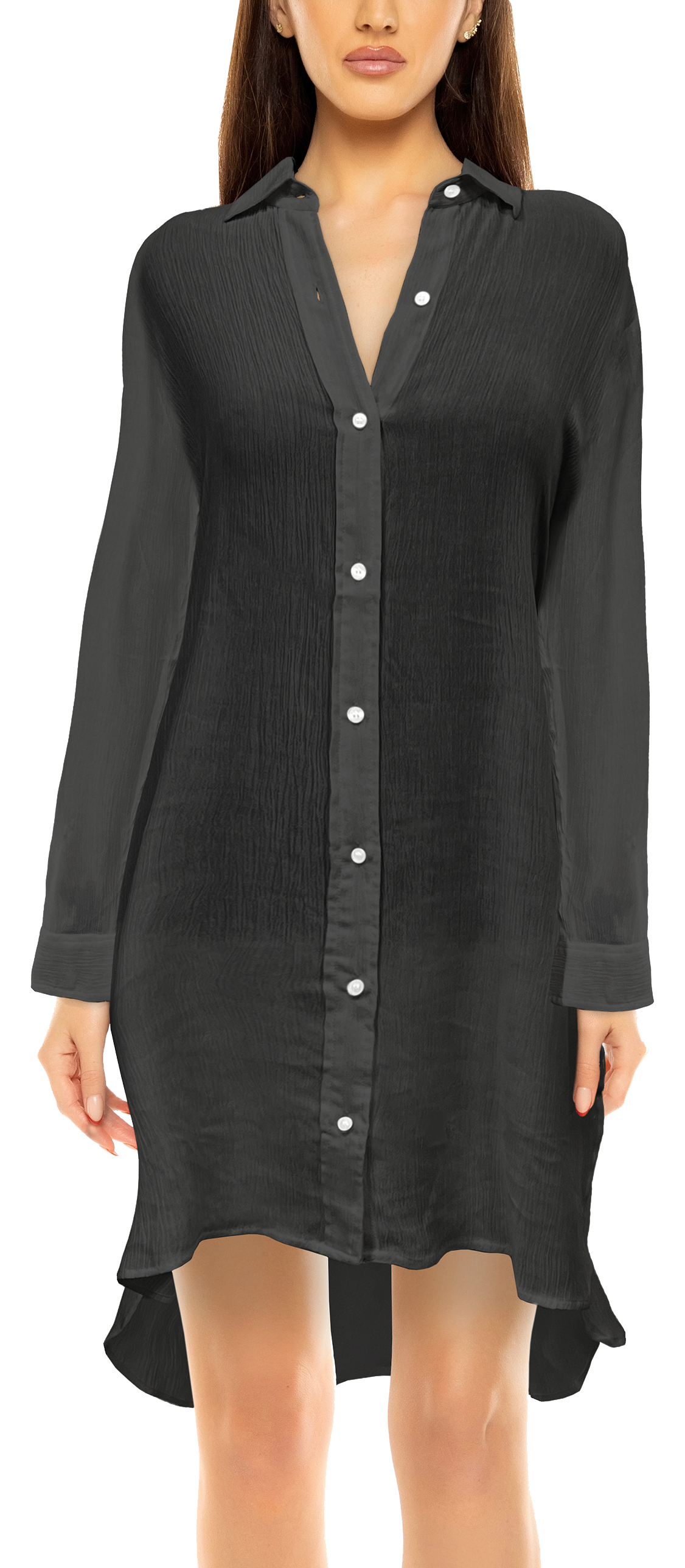 Image of Bella Beach Button-Up Swimwear Cover-Up for Ladies - Black - L/XL