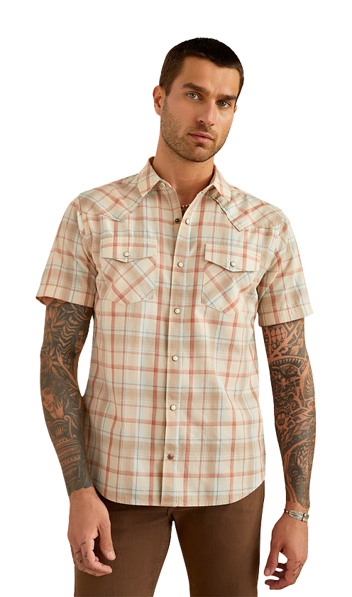 Image of Ariat Horton Retro Short-Sleeve Snap-Down Shirt for Men - Light Brown - XL