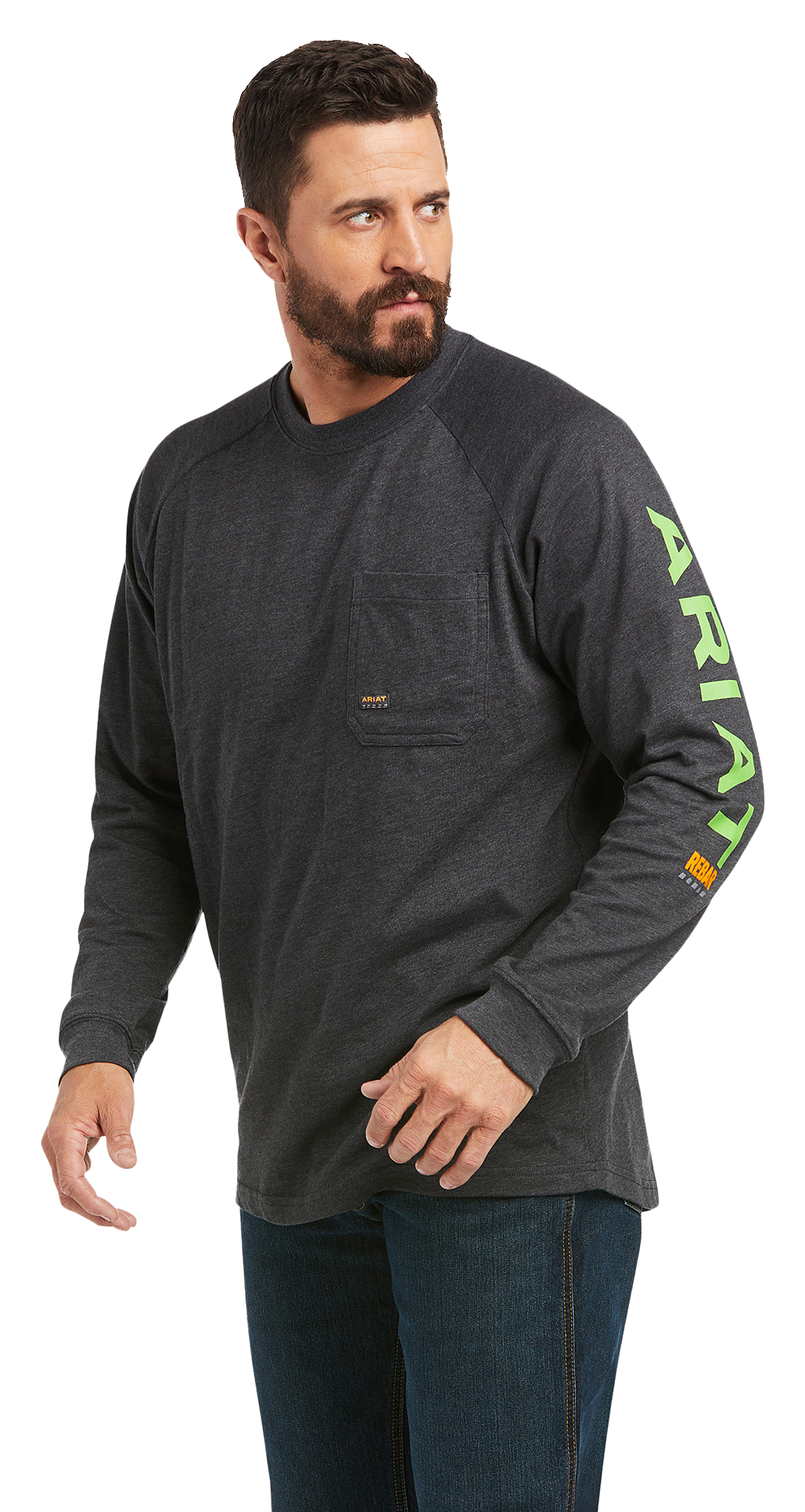 Image of Ariat Rebar CottonStrong Graphic Long-Sleeve Pocket T-Shirt for Men - Charcoal Heather/Lime - L