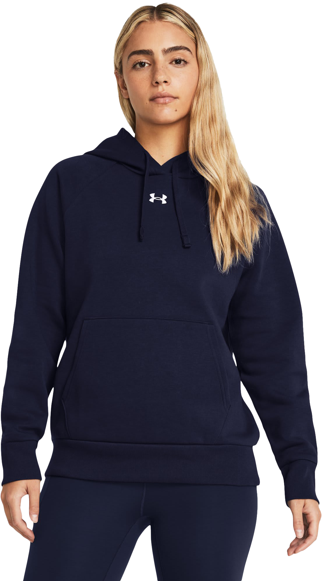 Image of Under Armour Rival Fleece Long-Sleeve Hoodie for Ladies - Midnight Navy/White - XS