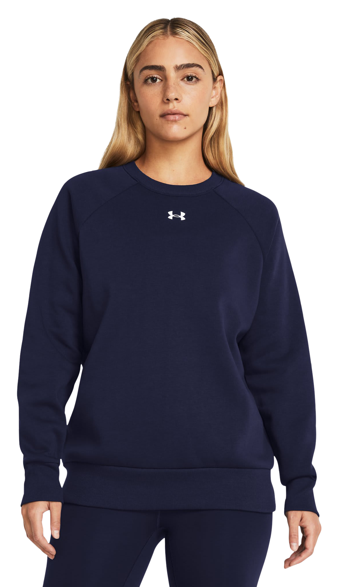 Image of Under Armour Rival Fleece Crew Long-Sleeve Pullover for Ladies - Midnight Navy/White - M