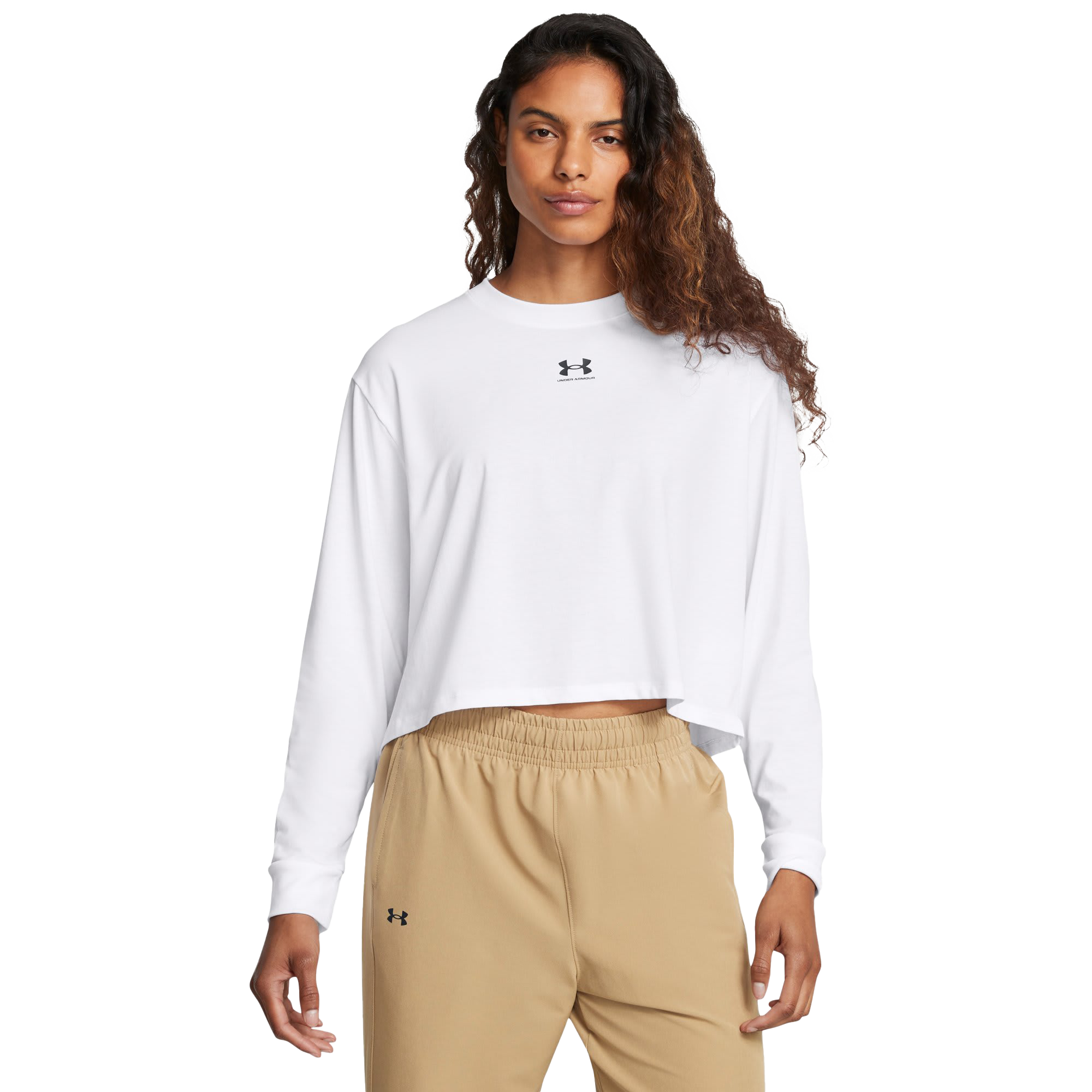 Image of Under Armour Rival Boxy Long-Sleeve Shirt for Ladies - White/Black - XL