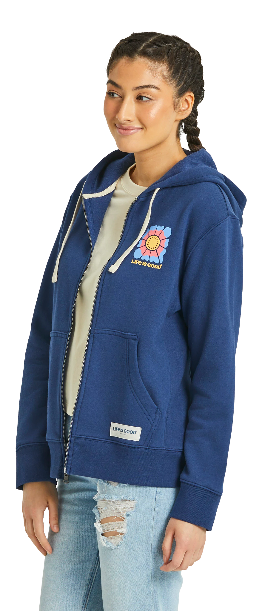 Image of Life is Good Good Vibes Floral Diamond Simply True Fleece Full-Zip Hoodie for Ladies - Darkest Blue - XS