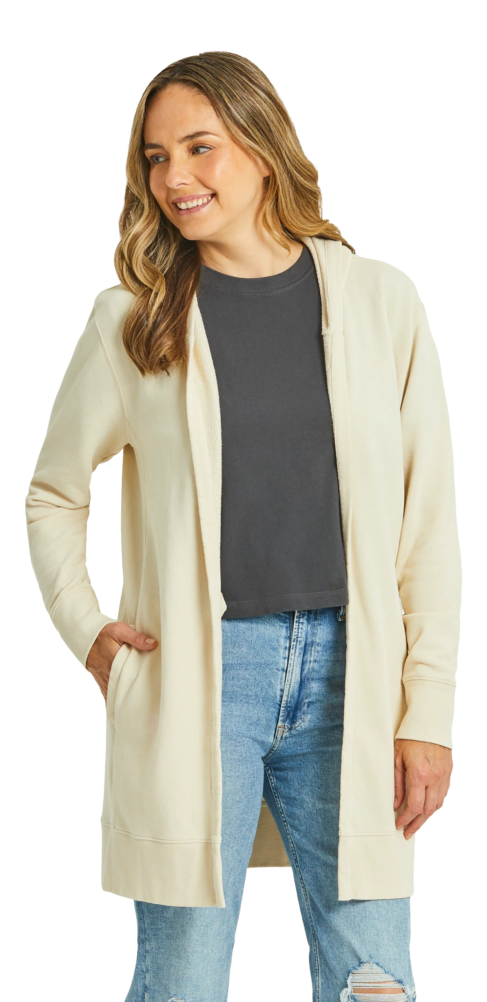 Life is Good French Terry Beyond Hip Long-Sleeve Hoodie for Ladies - Putty White
