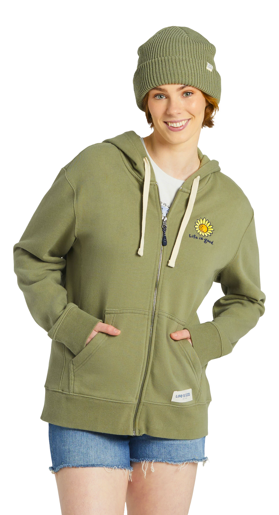 Image of Life is Good Sunflower Simply True Fleece Full-Zip Hoodie for Ladies - Moss Green - XS