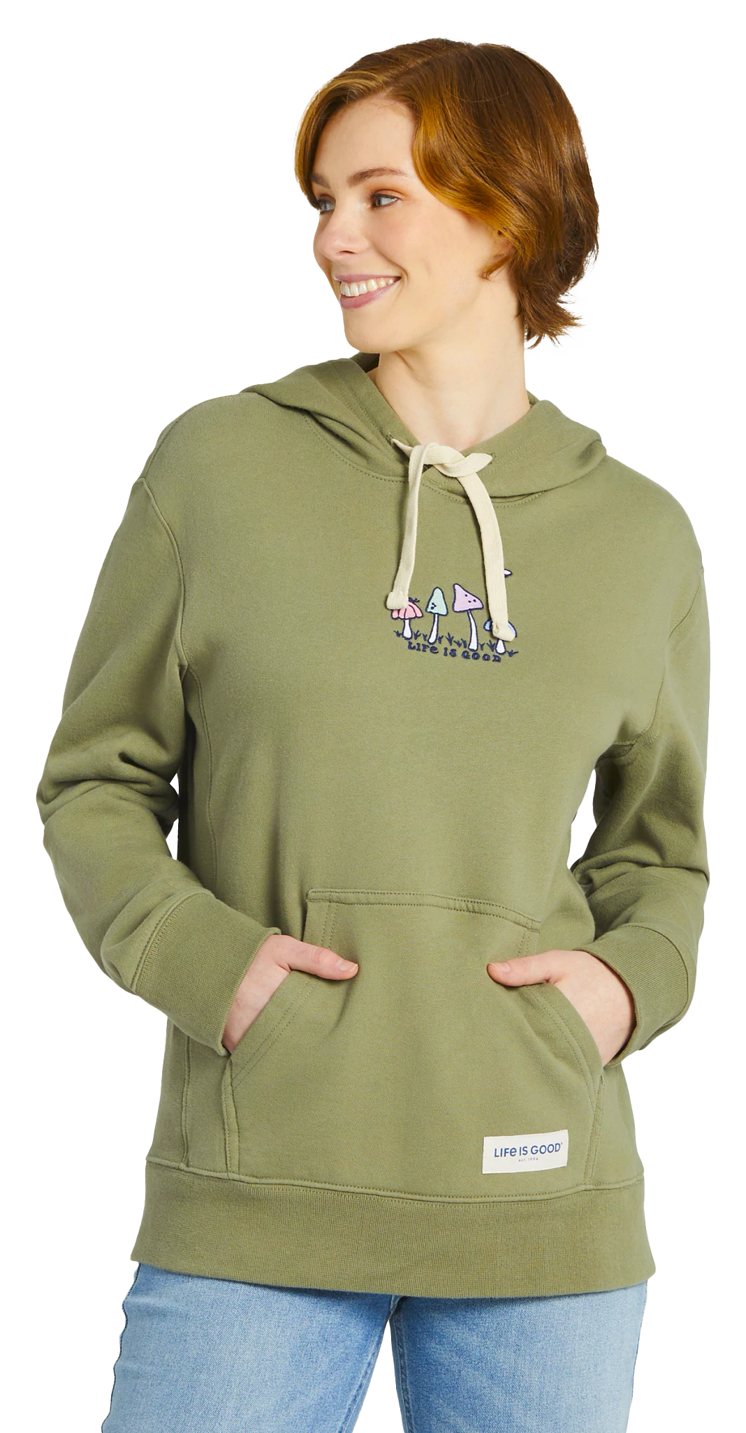 Image of Life is Good Mushroom Retro Simply True Fleece Hoodie for Ladies - Moss Green - XXL