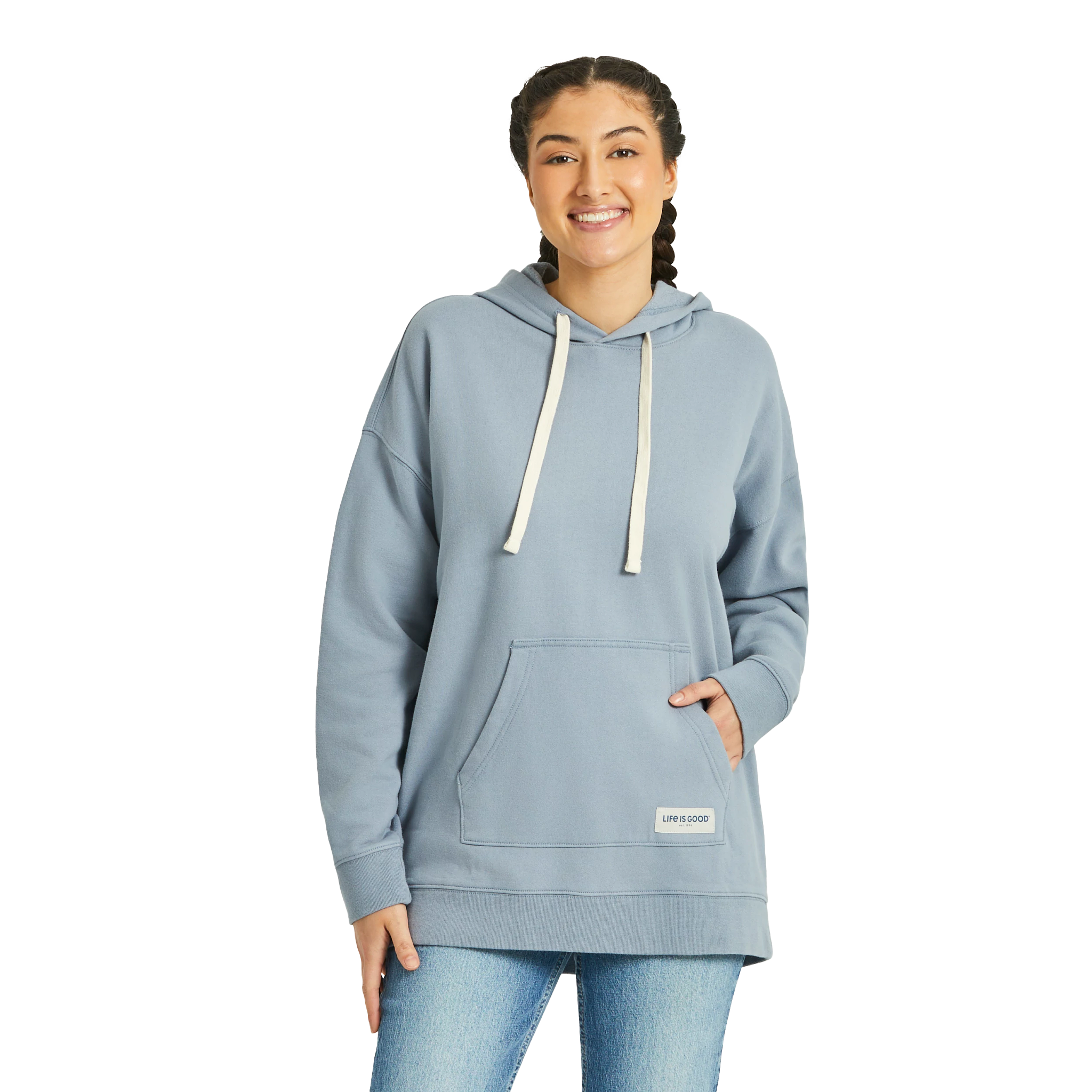 Image of Life is Good Oversized Simply True Fleece Hoodie for Ladies - Stone Blue - XS