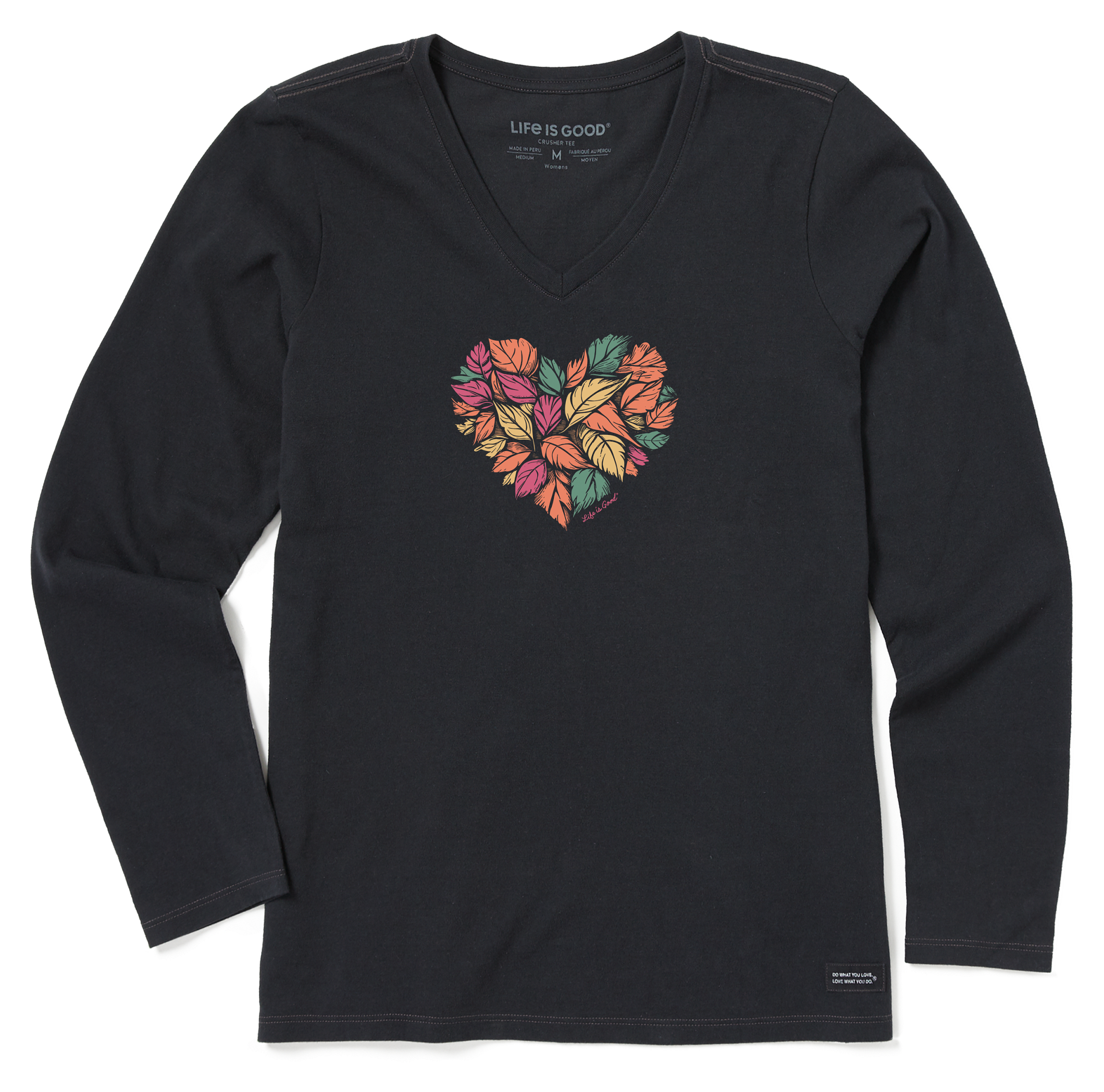 Life is Good Woodcut Leaf Heart Crusher-LITE V-Neck Short-Sleeve T-Shirt for Ladies - Jet Black - XL