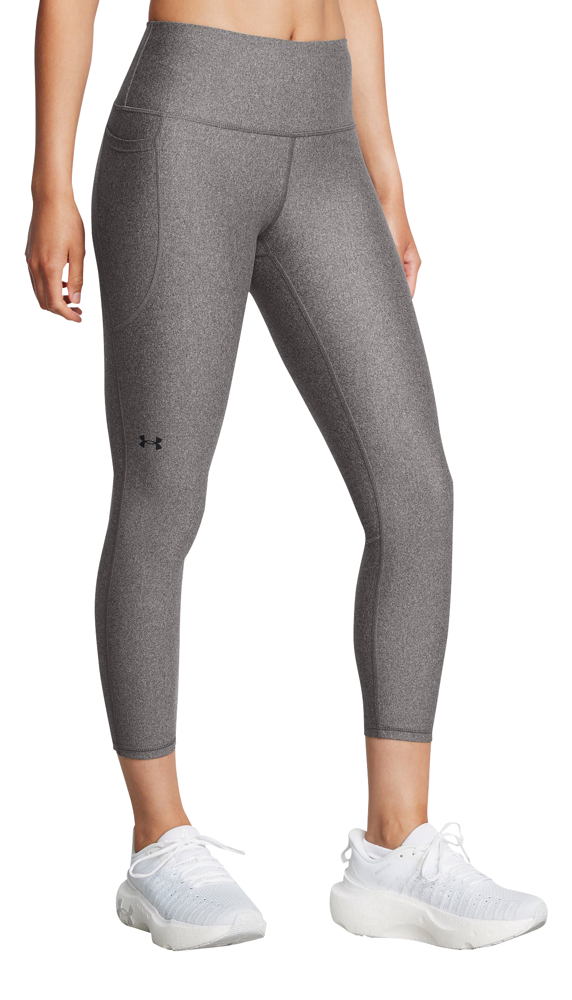 Image of Under Armour HeatGear Armour No-Slip Waistband Ankle Leggings for Ladies - Charcoal Light Heather/Black - L - Regular