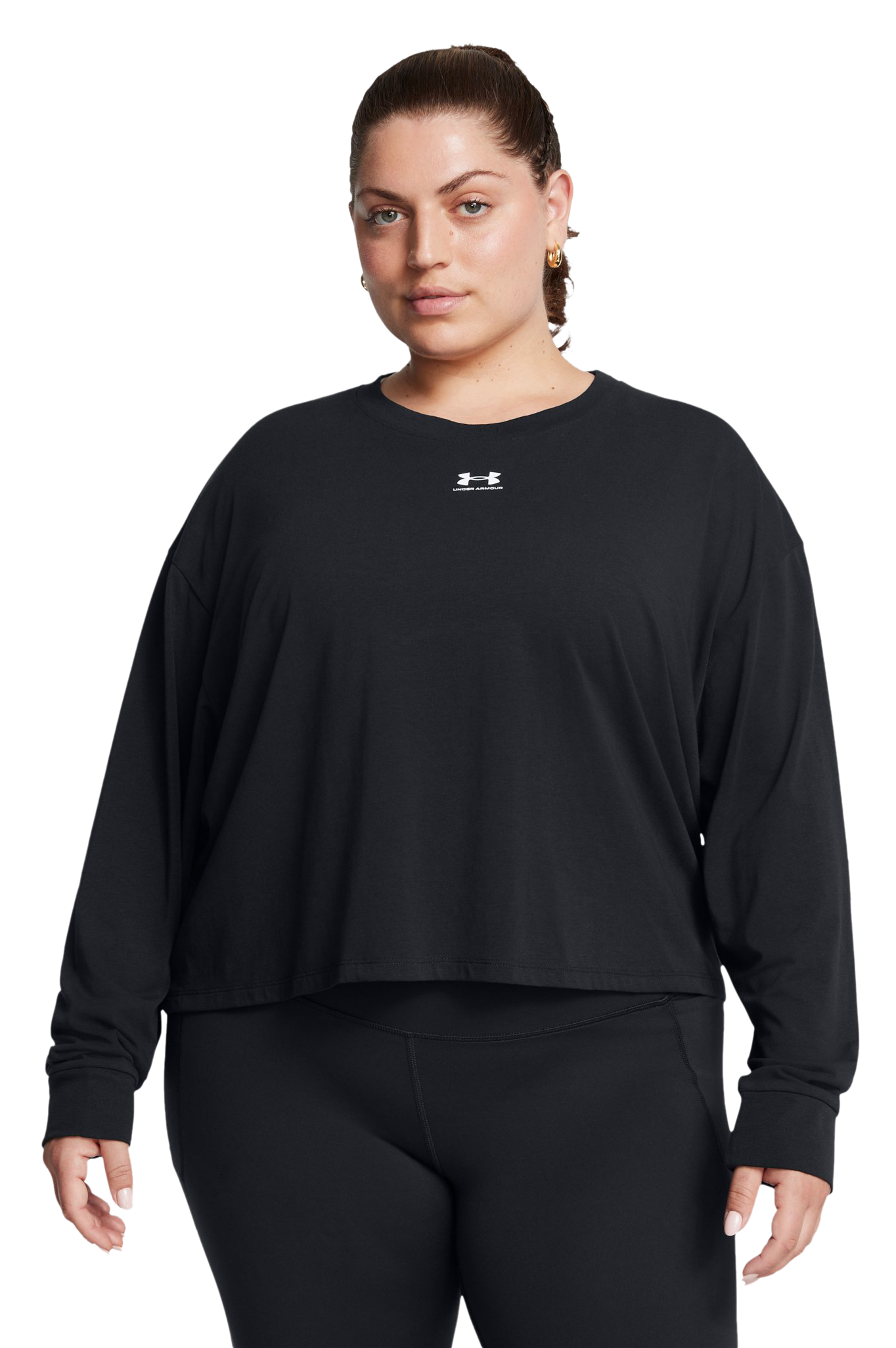 Image of Under Armour Rival Boxy Long-Sleeve Shirt for Ladies - Black/White - 3X