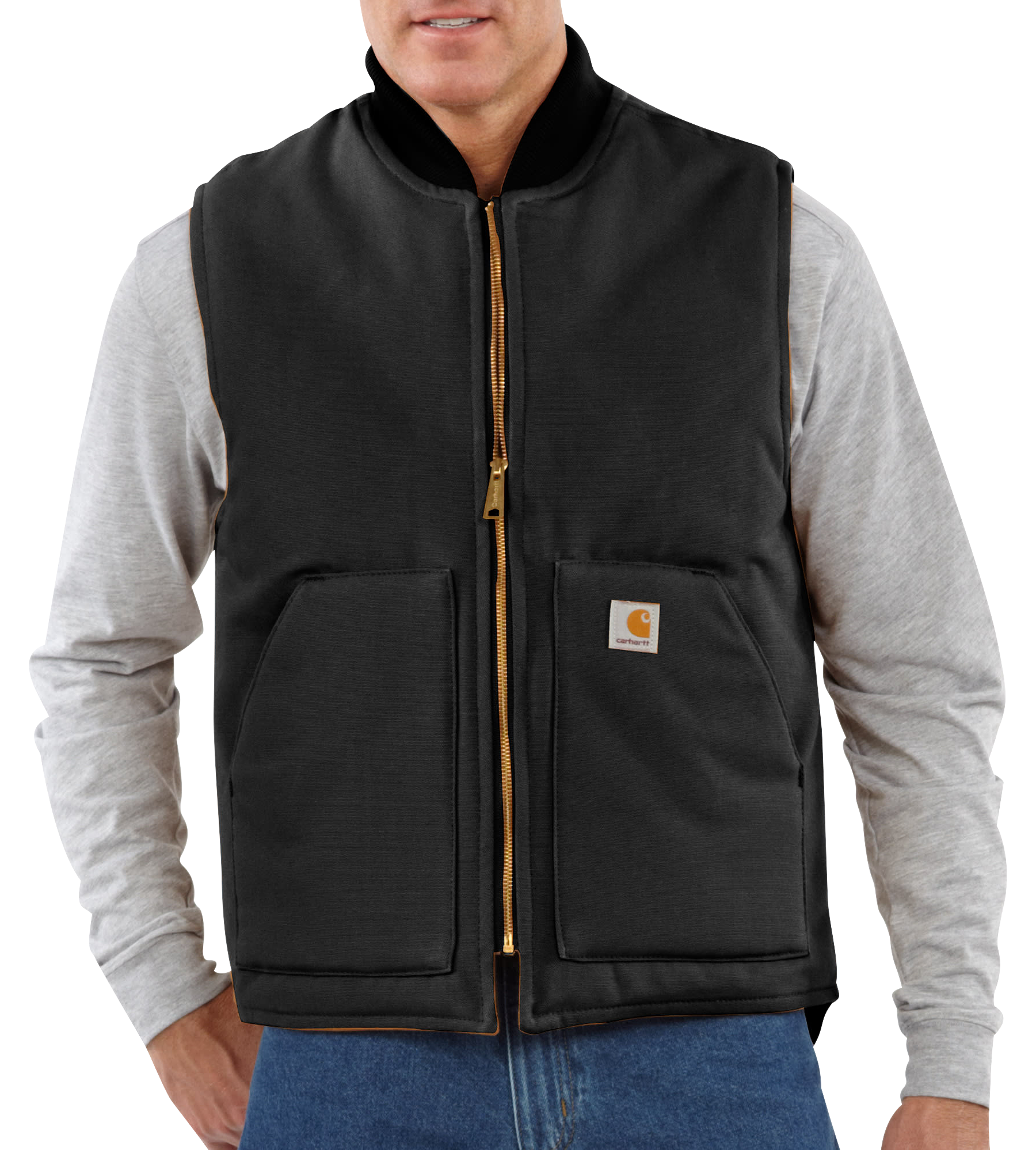 Image of Carhartt V01 Firm Duck Relaxed-Fit Insulated Rib Collar Vest for Men - Black