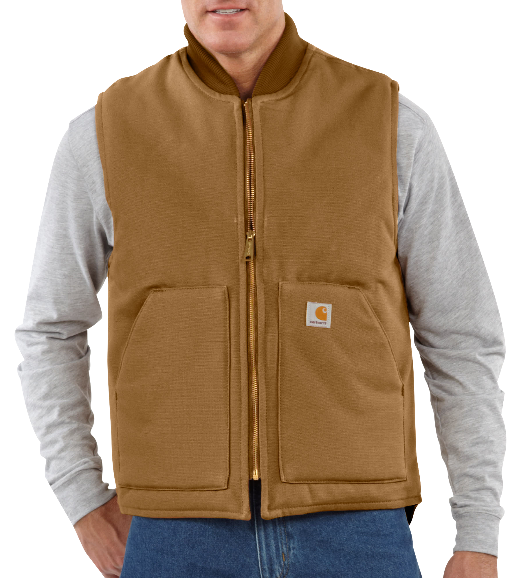 Image of Carhartt V01 Firm Duck Relaxed-Fit Insulated Rib Collar Vest for Men - Carhartt Brown - M