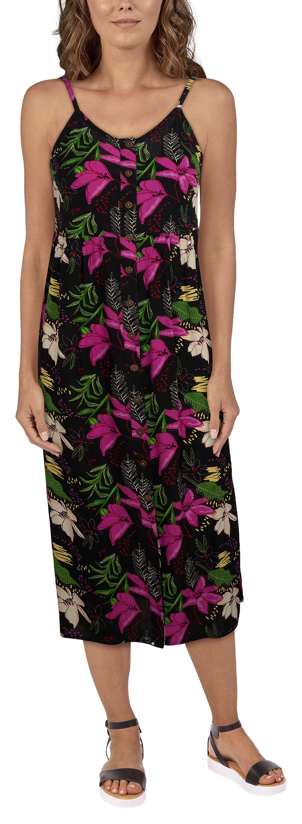 Image of Natural Reflections Tropical Midi Dress - Moonless Night