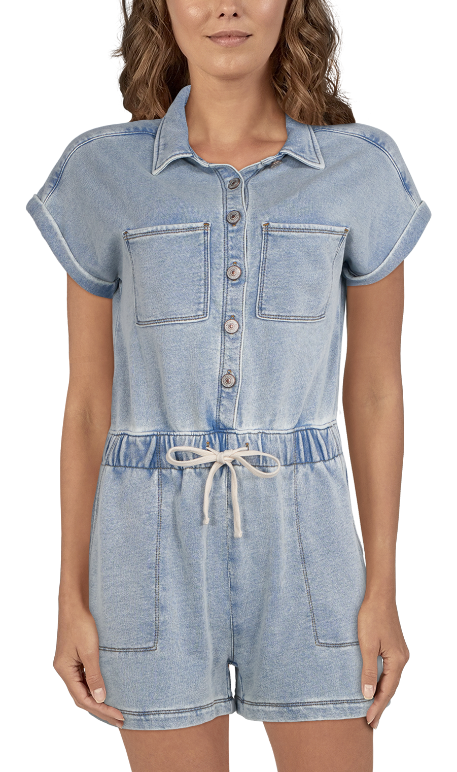 Image of Natural Reflections Knit Denim Romper for Ladies - Light Wash - M