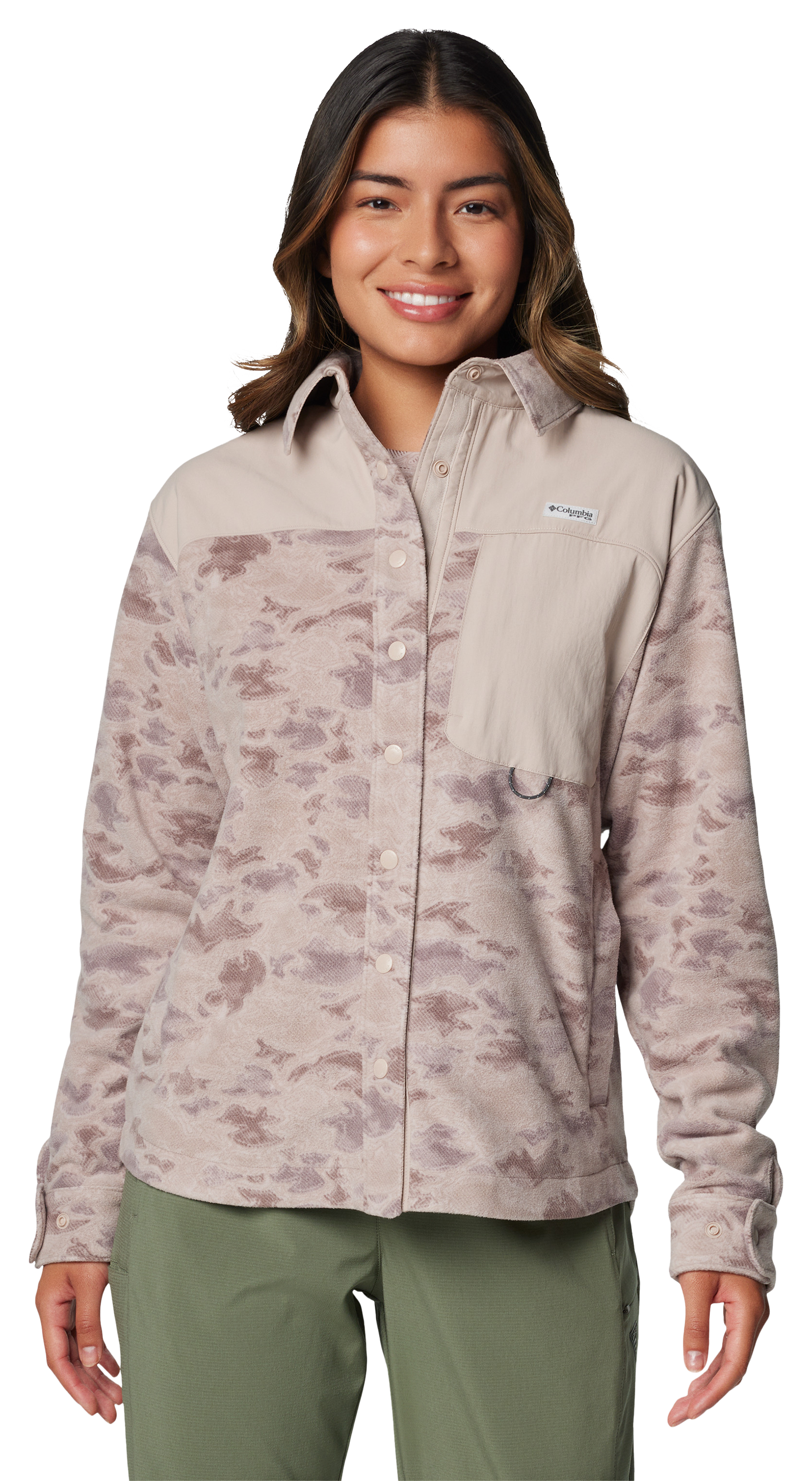 Image of Columbia PFG Uncharted Fleece Overshirt for Ladies - Crushed Clay Uncharted Waters - M