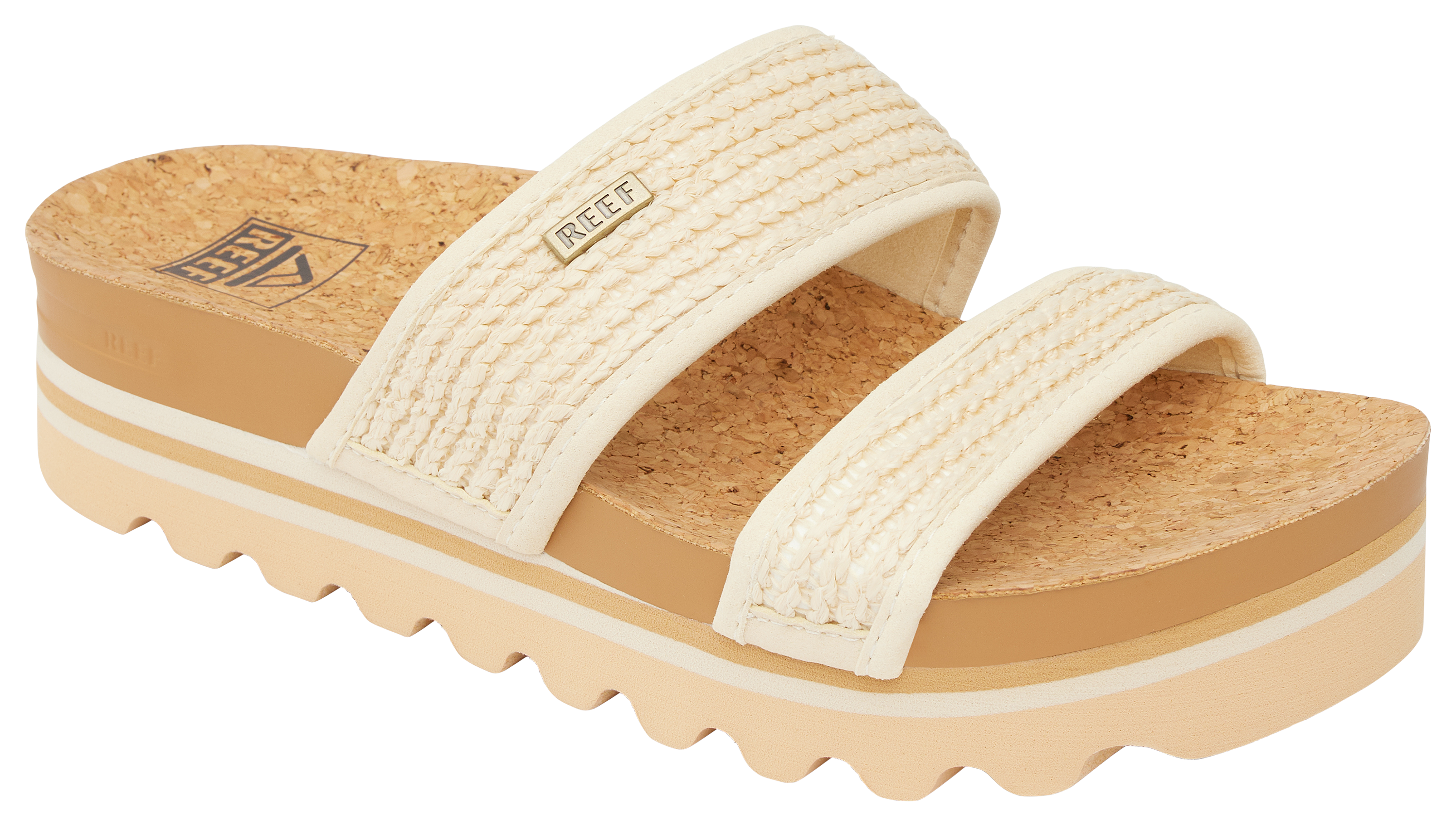 Image of Reef Cushion Vista Hi 2-Strap Slide Sandals for Ladies - Vintage Raffia - 10M