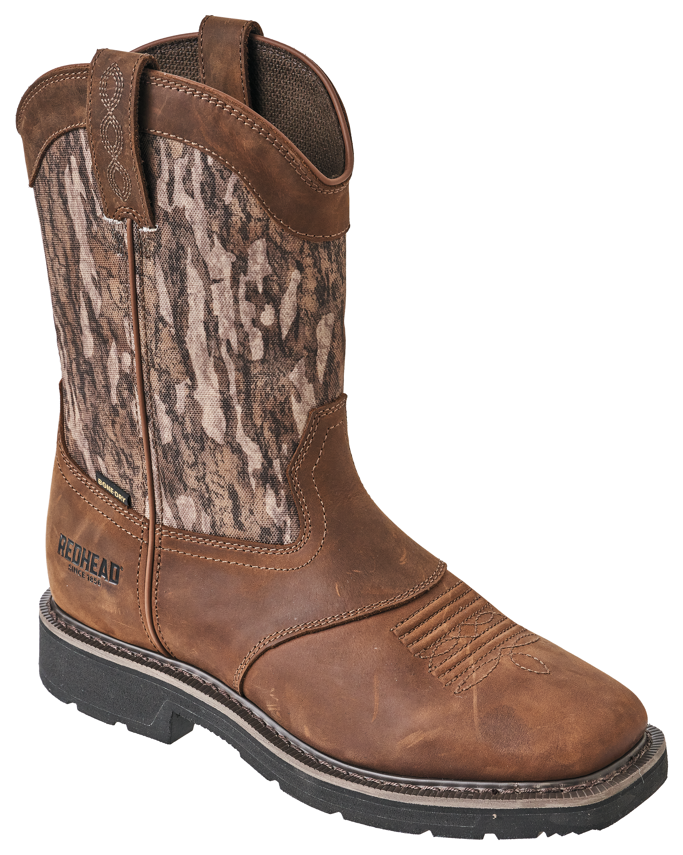 Image of Redhead Pinedale Camo Waterproof Square-Toe Western Work Boots for Men - Mossy Oak Bottomland/Brown - 12M