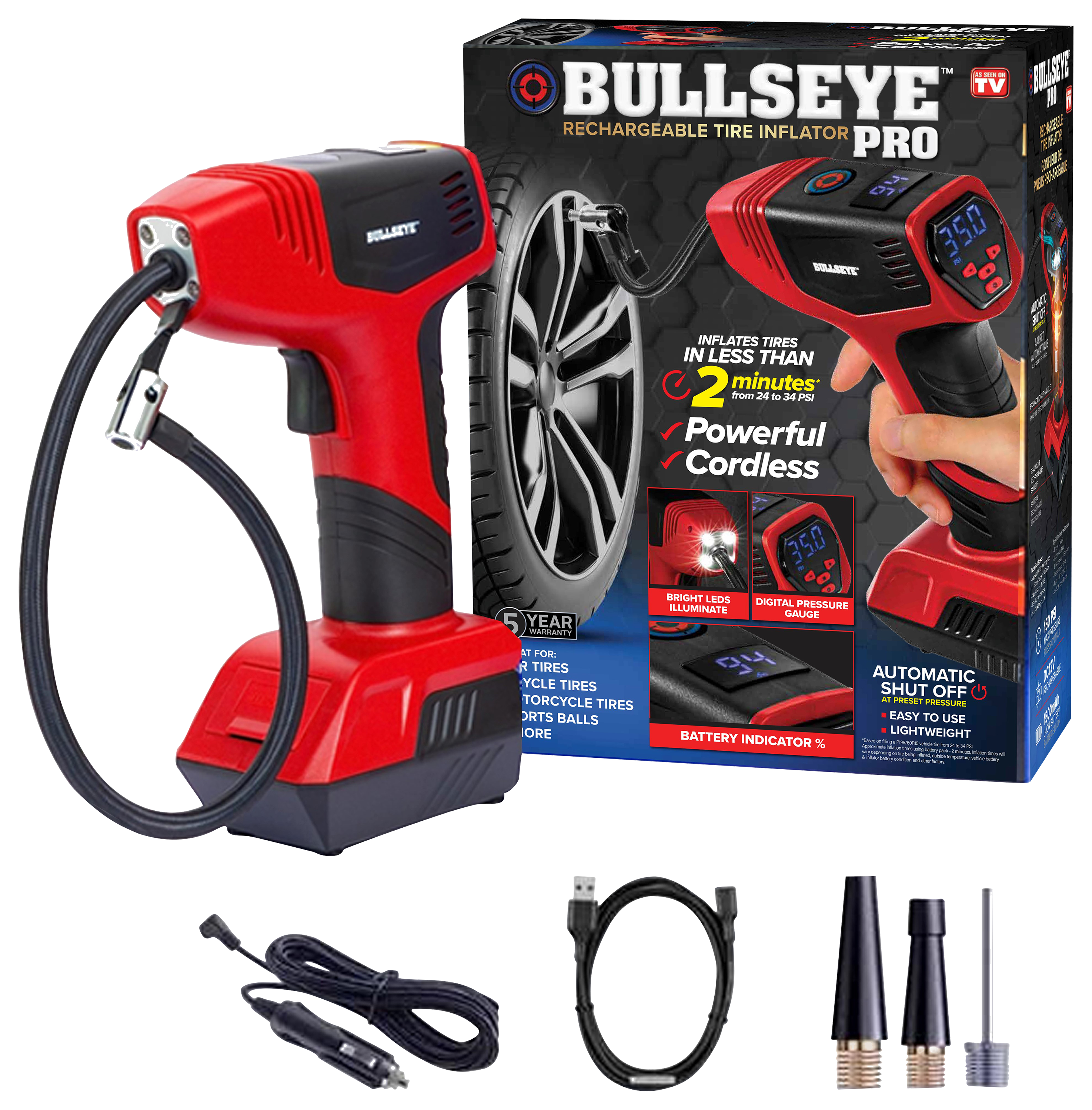 Image of Bullseye Pro Rechargeable Tire Inflator - Red/Black