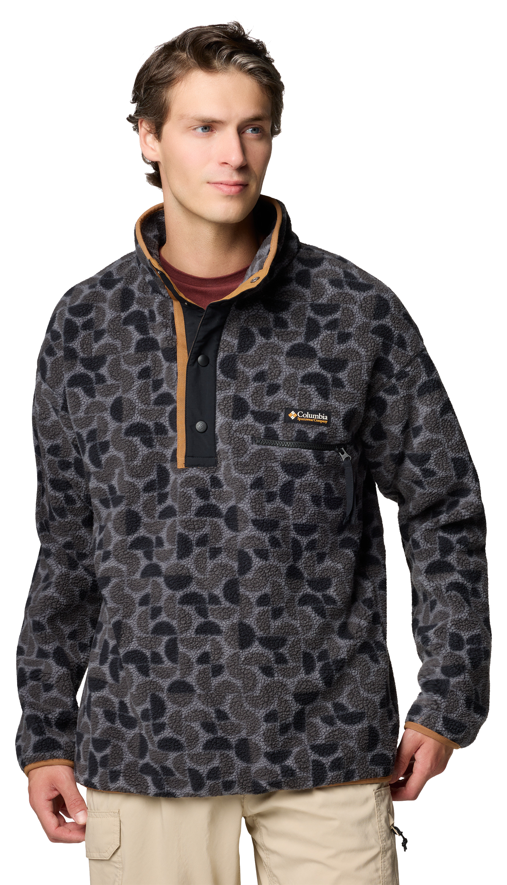 Image of Columbia Helvetia II Printed Half-Snap Fleece Pullover for Men - Black Retroscape - S