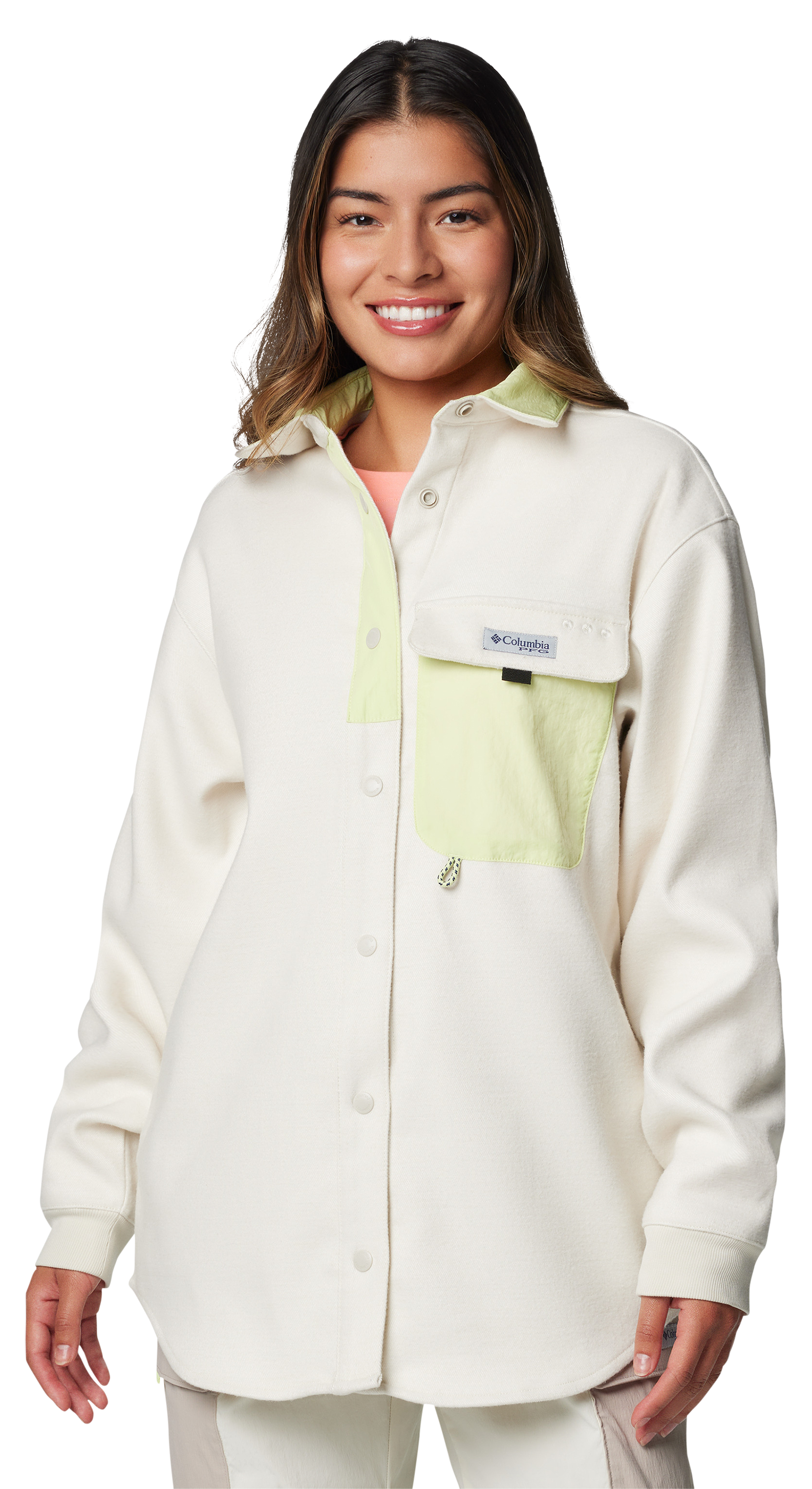 Image of Columbia PFG Open Water Shirt Jacket for Ladies - Stone/Spring Yellow - S