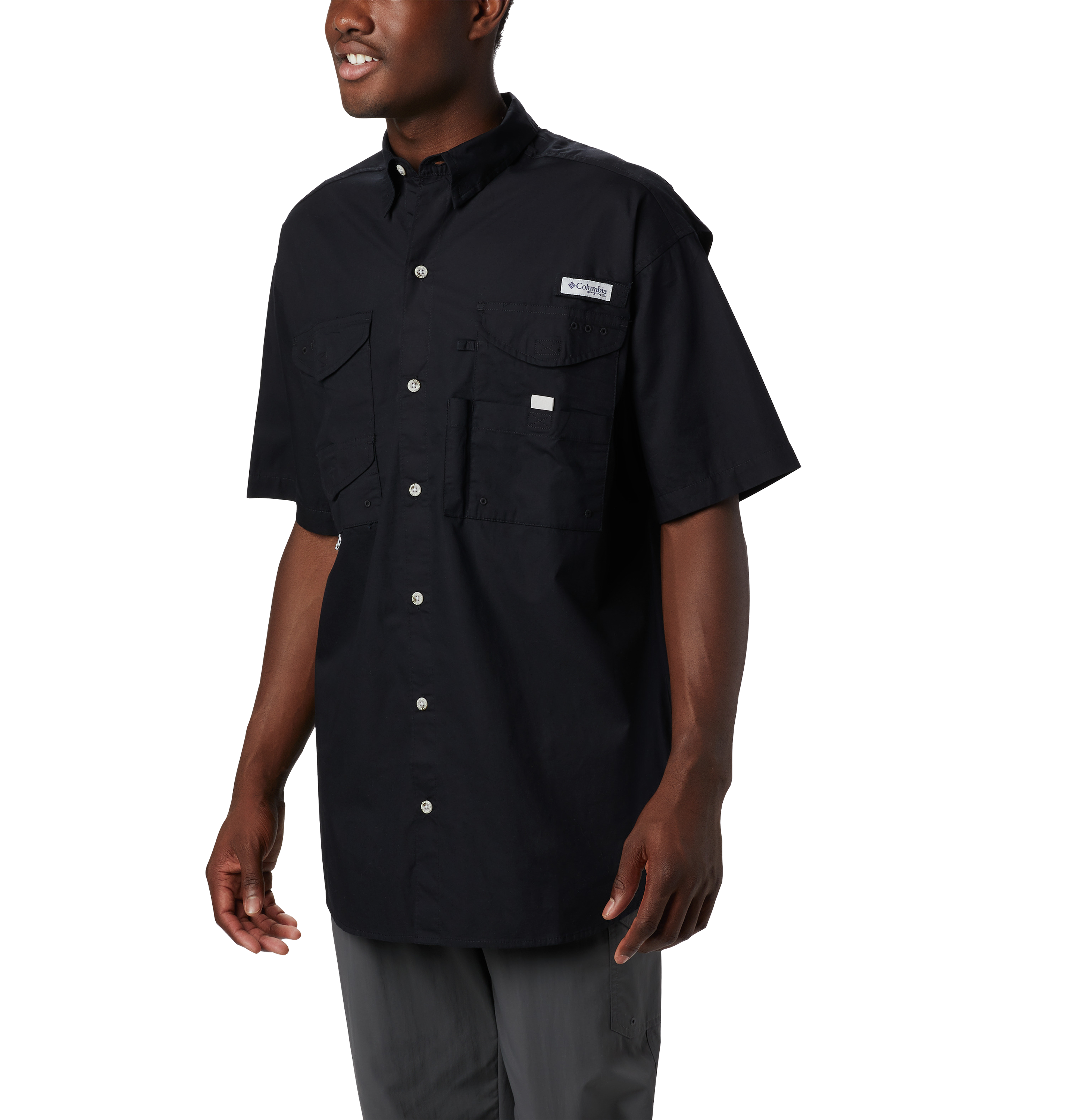 Image of Columbia PFG Bonehead Short-Sleeve Button-Down Fishing Shirt for Men - Black - XS