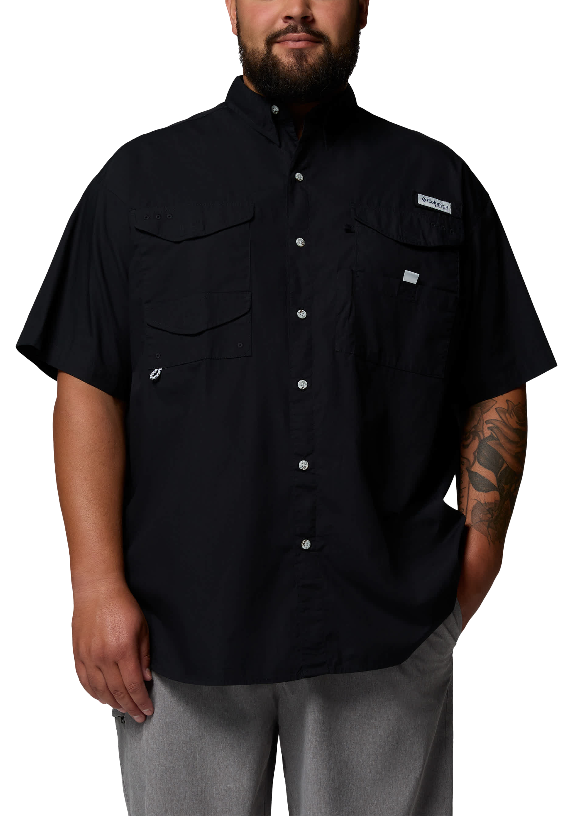 Image of Columbia PFG Bonehead Short-Sleeve Button-Down Fishing Shirt - Black - 5X