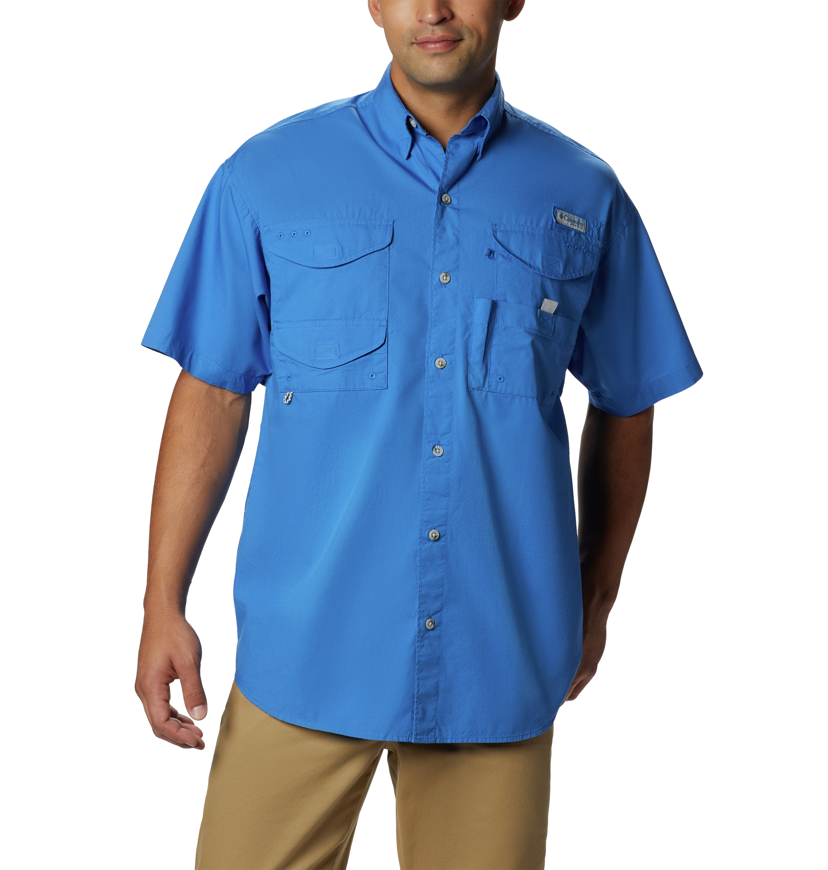 Image of Columbia PFG Bonehead Short-Sleeve Button-Down Fishing Shirt for Men - Vivid Blue - M