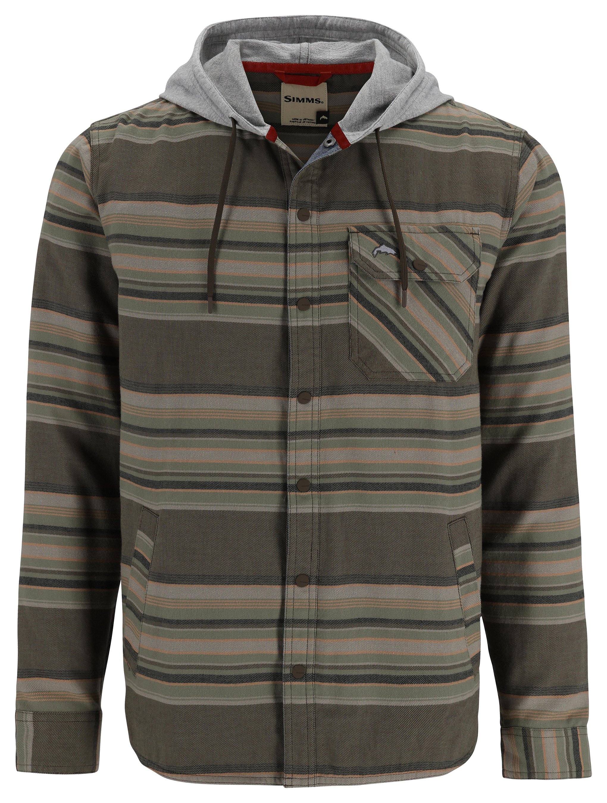 Image of Simms Santee Flannel Long-Sleeve Hoodie for Men - Hickory/Dolomite Blanket Stripe - S