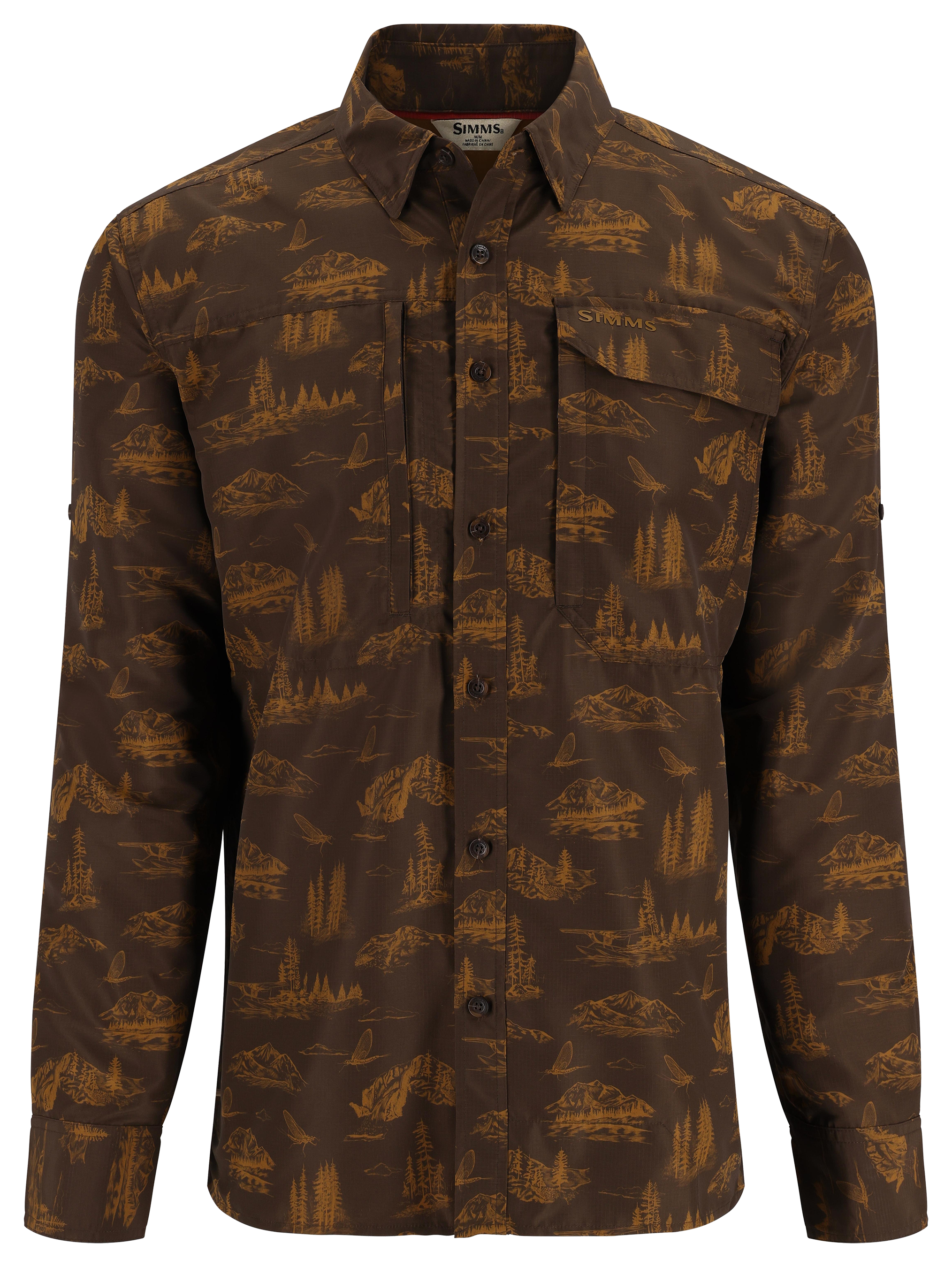 Image of Simms Guide Logo Long-Sleeve Shirt for Men - Hickory Mayfly Print - S