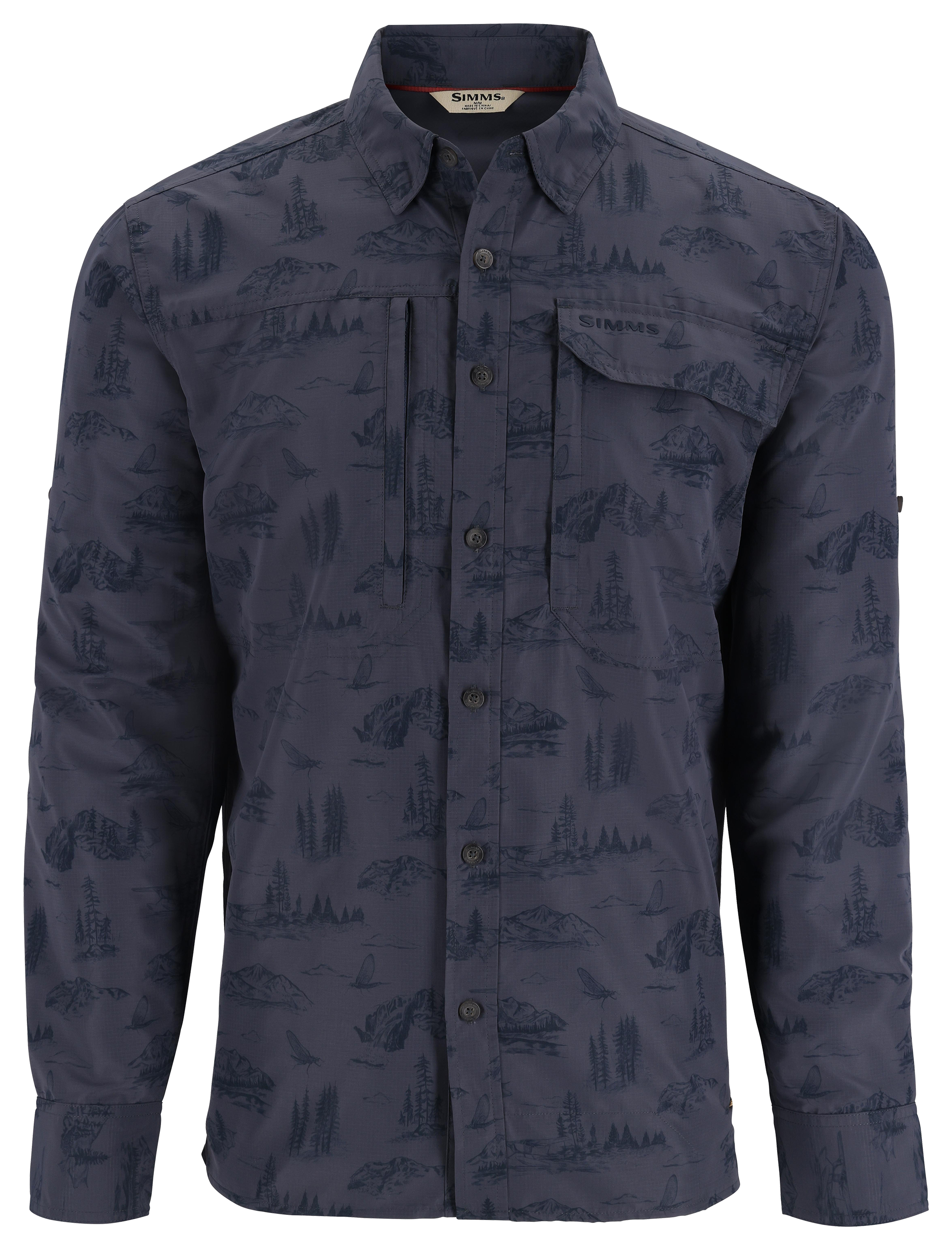 Image of Simms Guide Logo Long-Sleeve Shirt for Men - Selvedge Mayfly Print - S