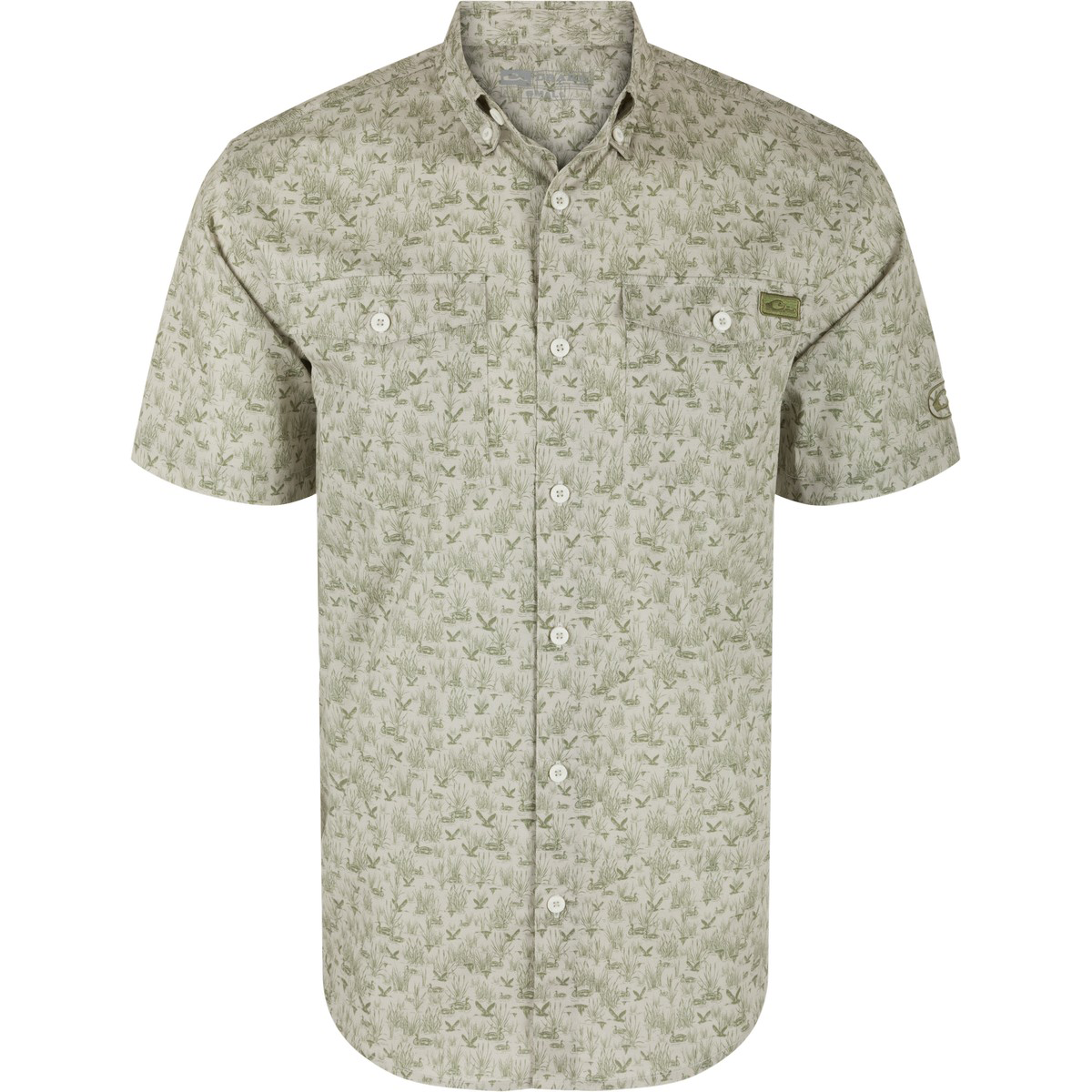Image of Drake Waterfowl The Cotton Marsh Print Short Sleeve Shirt - Timber Wolf/Burnt Olive - XL