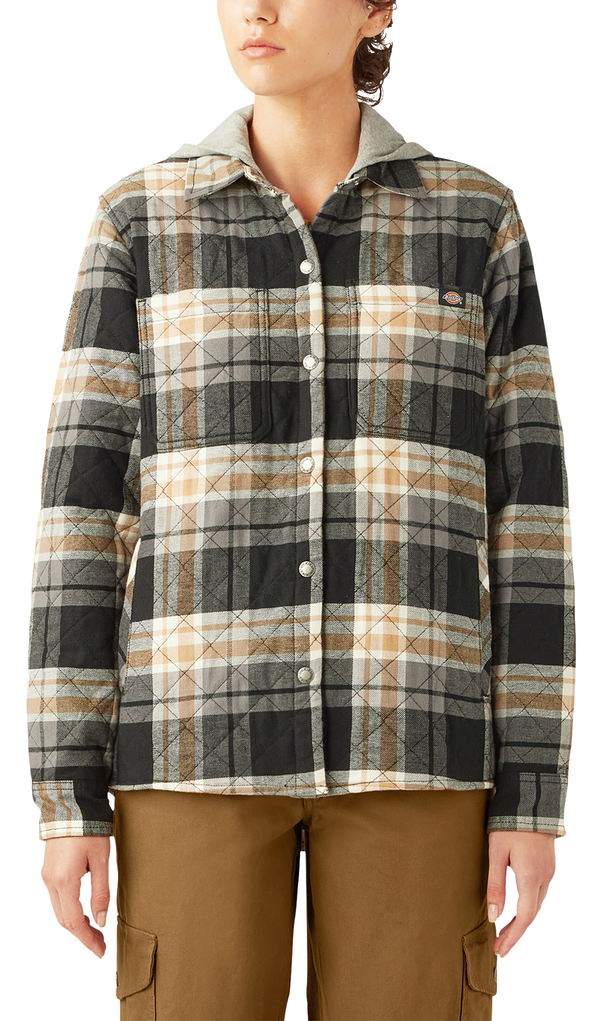 Image of Dickies Hooded Flannel Long-Sleeve Shirt Jacket for Ladies - Black - XL