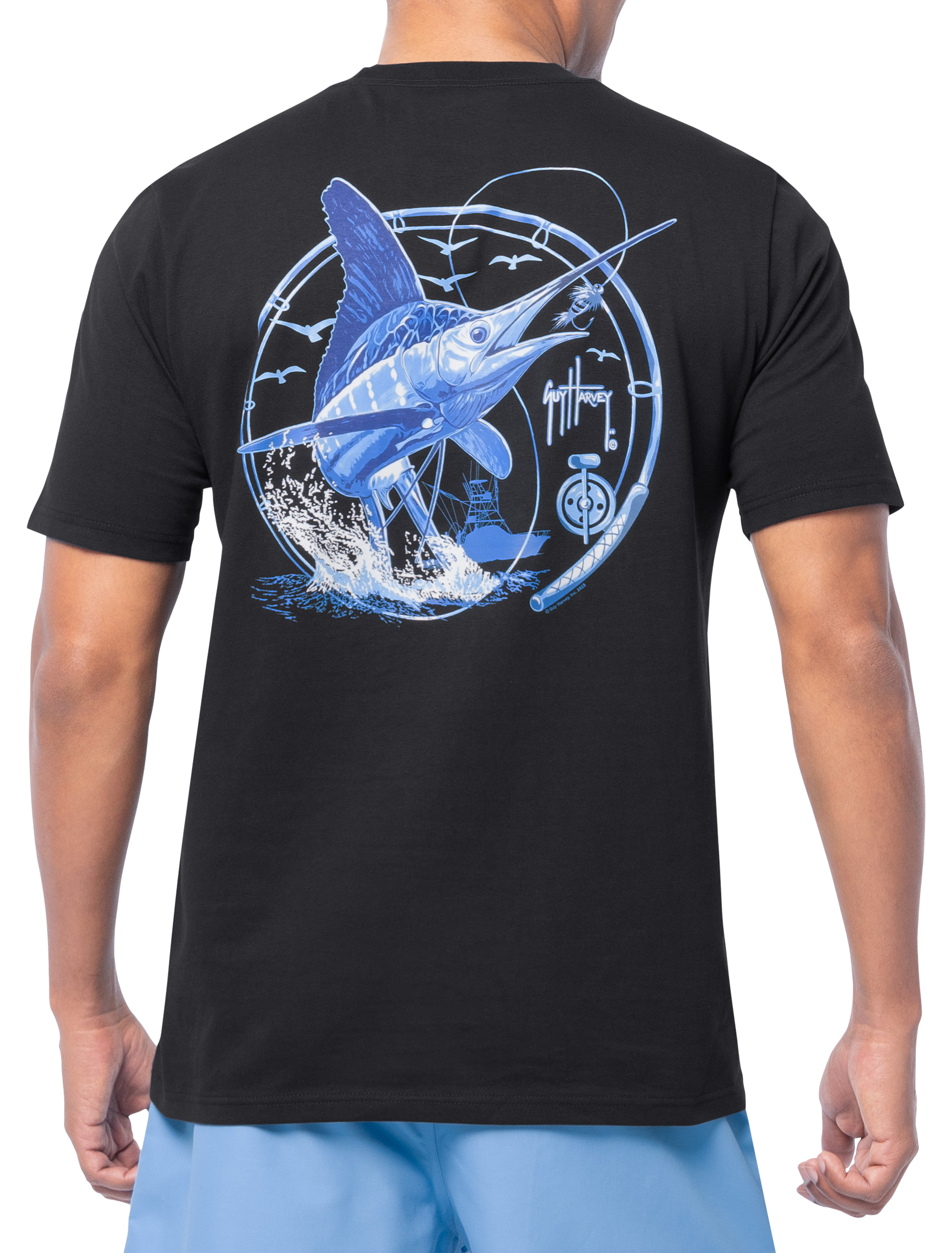 Image of Guy Harvey White Night Short-Sleeve Pocket T-Shirt for Men - Caviar