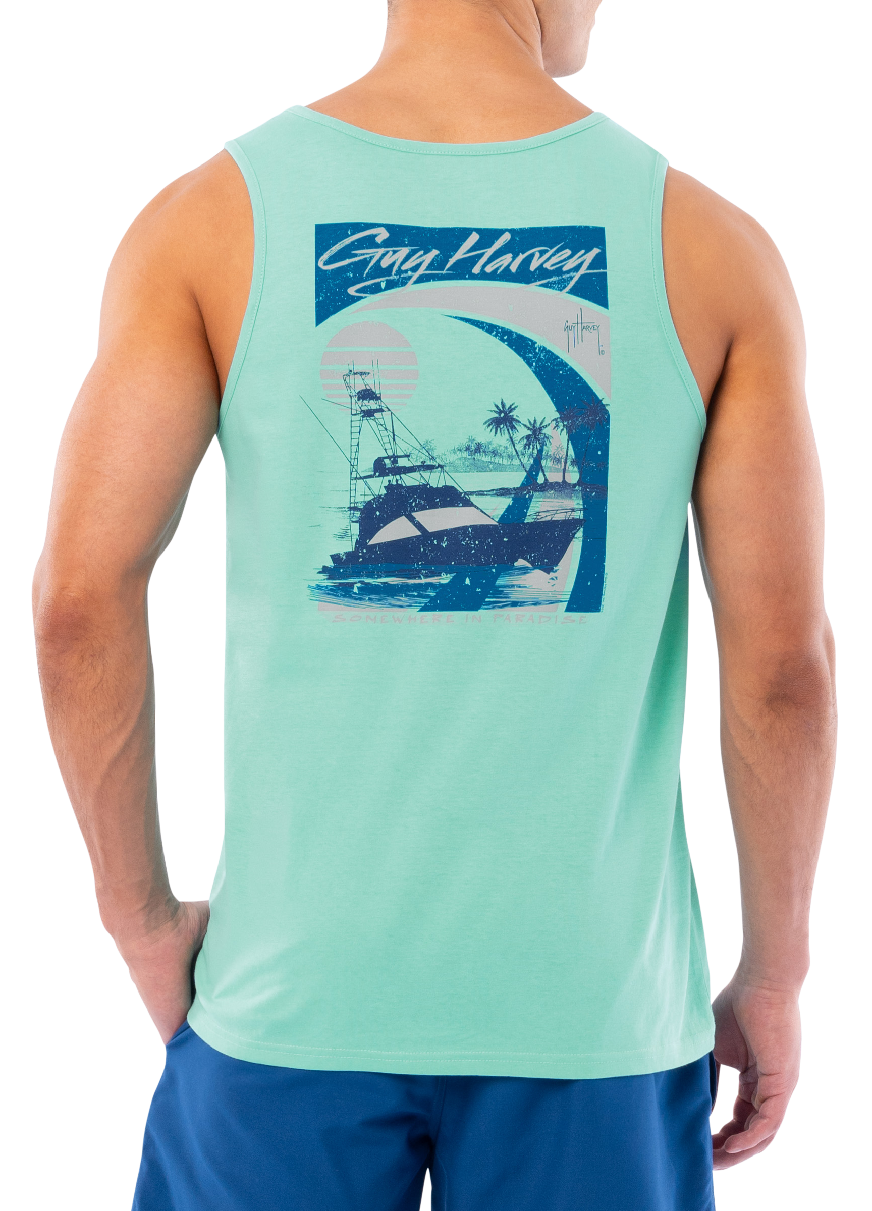 Image of Guy Harvey Sunset Paradise Tank Top for Men - Pool Blue