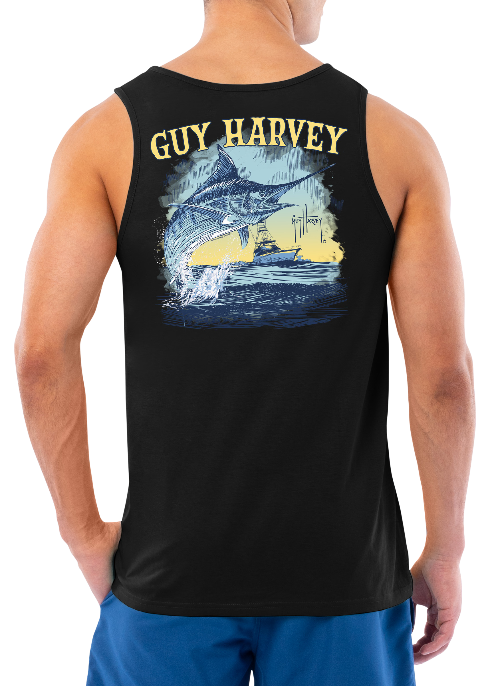Image of Guy Harvey Sketchy Marlin Tank Top for Men - Caviar