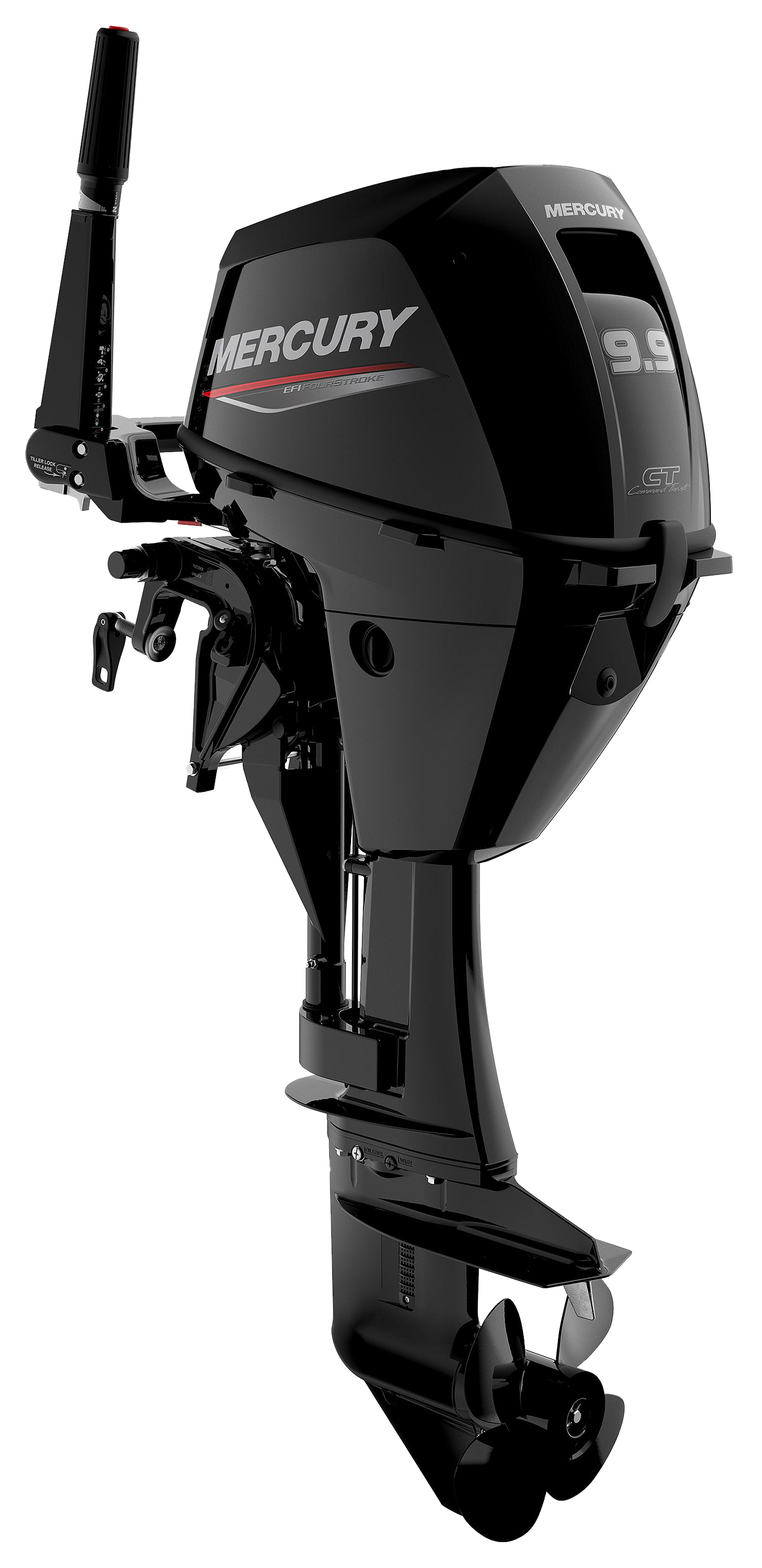 Mercury 9.9hp EFI Tiller FourStroke Command Thrust Manual Outboard Motor with 25' Shaft
