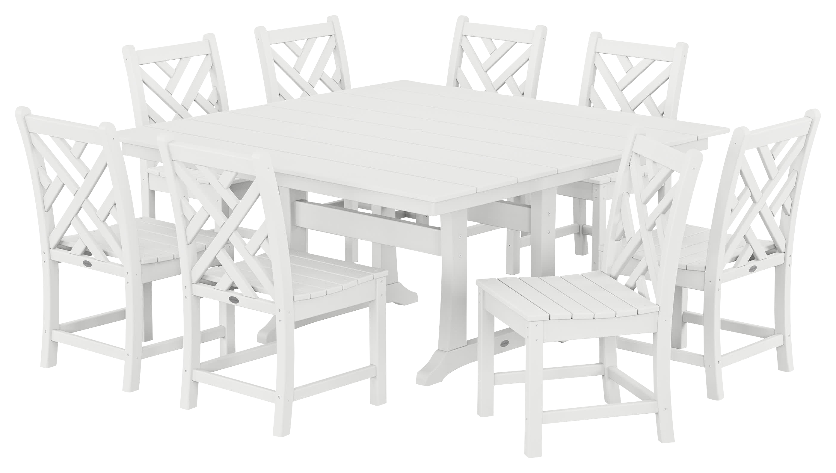 Image of POLYWOOD Chippendale 9-Piece Farmhouse Trestle Dining Set - White