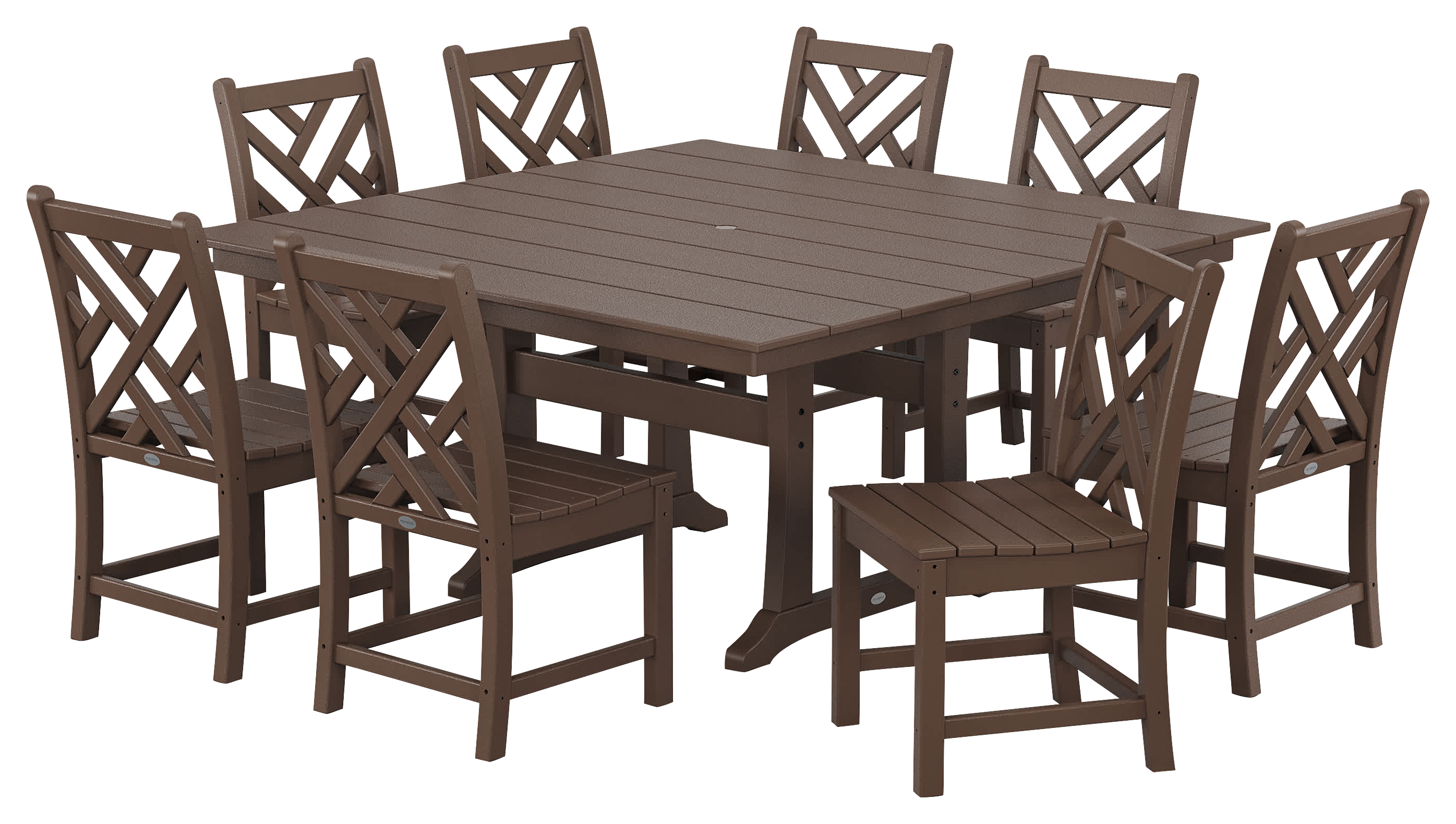 Image of POLYWOOD Chippendale 9-Piece Farmhouse Trestle Dining Set - Mahogany