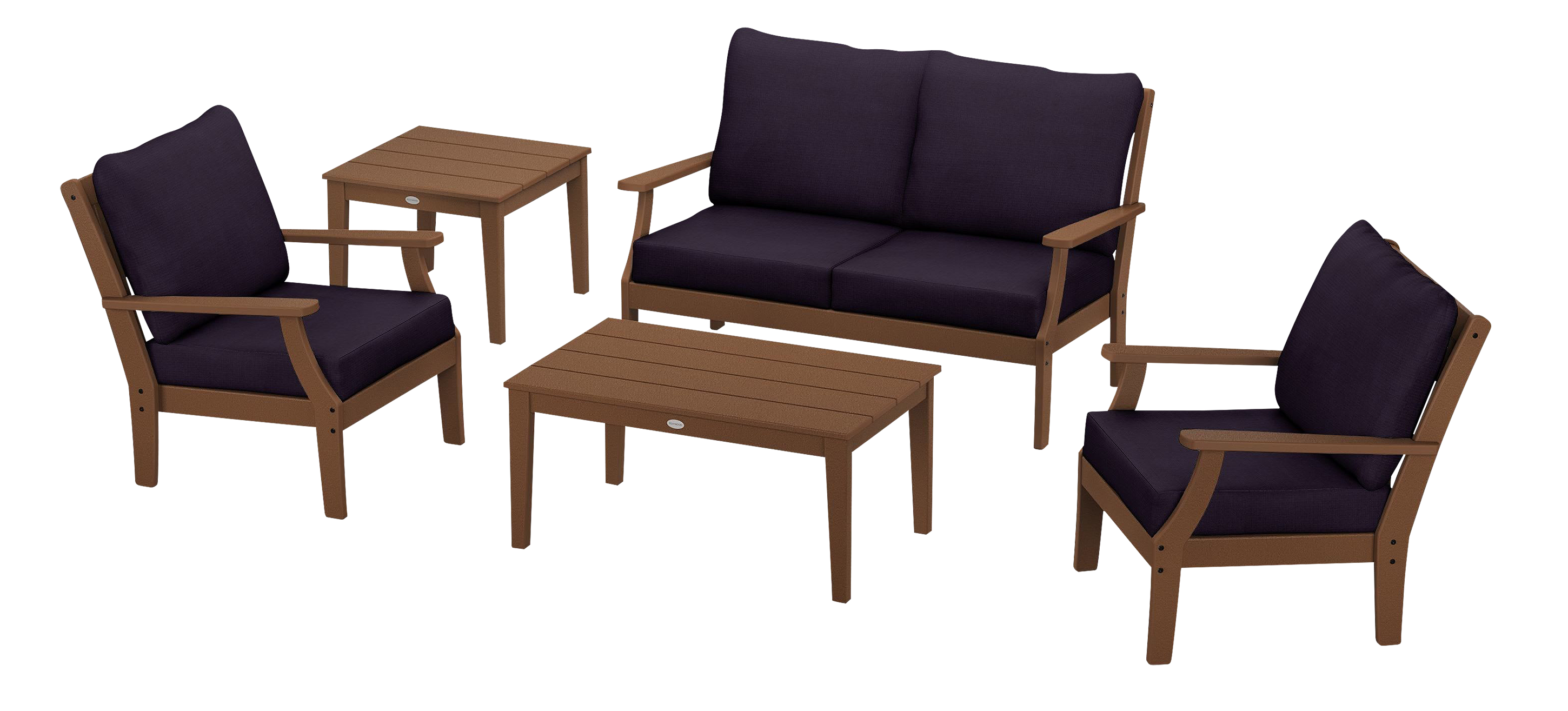 Image of POLYWOOD Braxton 5-Piece Deep-Seating Set - Teak/Navy Linen
