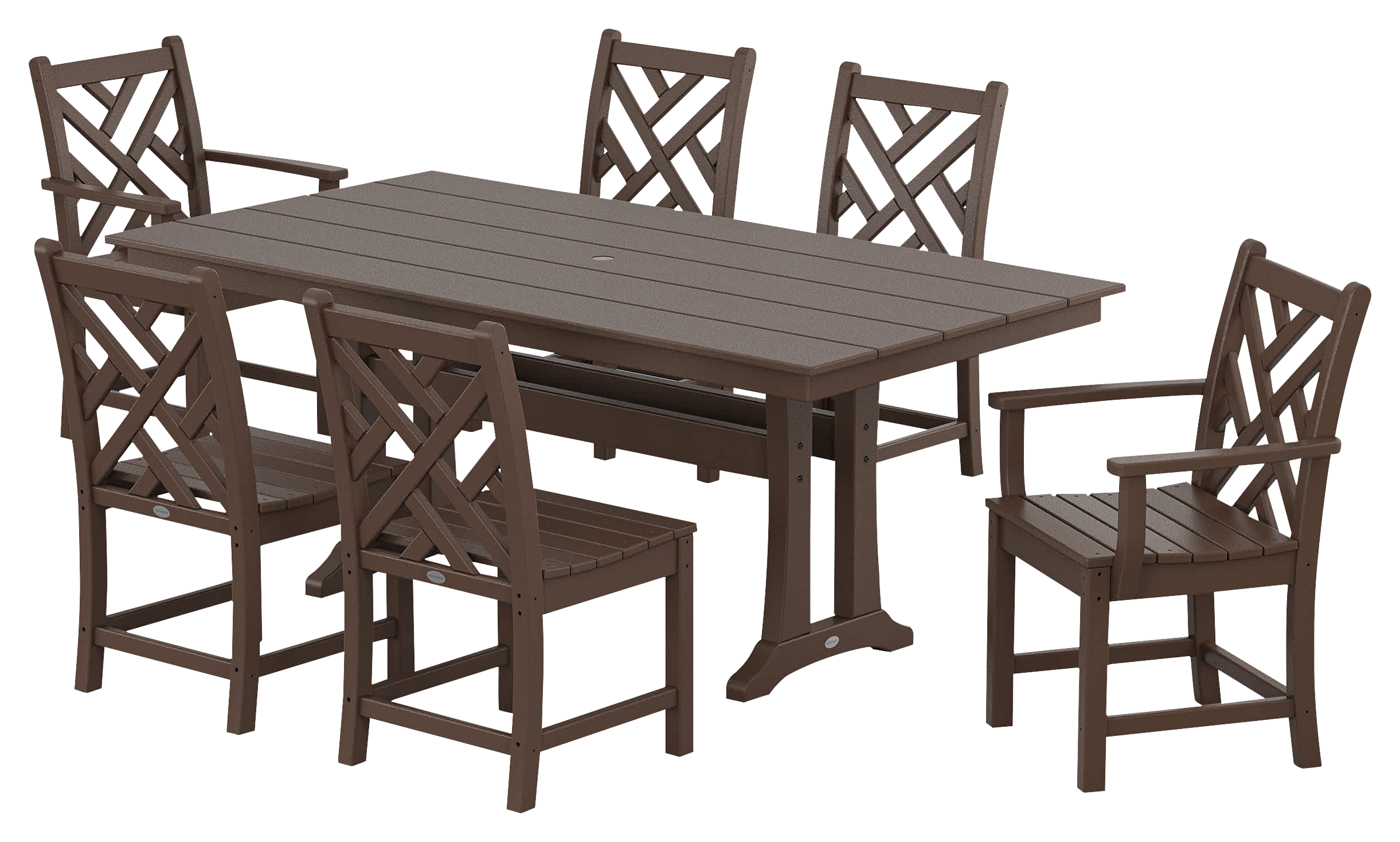 Image of POLYWOOD Chippendale 7-Piece Farmhouse Trestle Dining Set - Mahogany