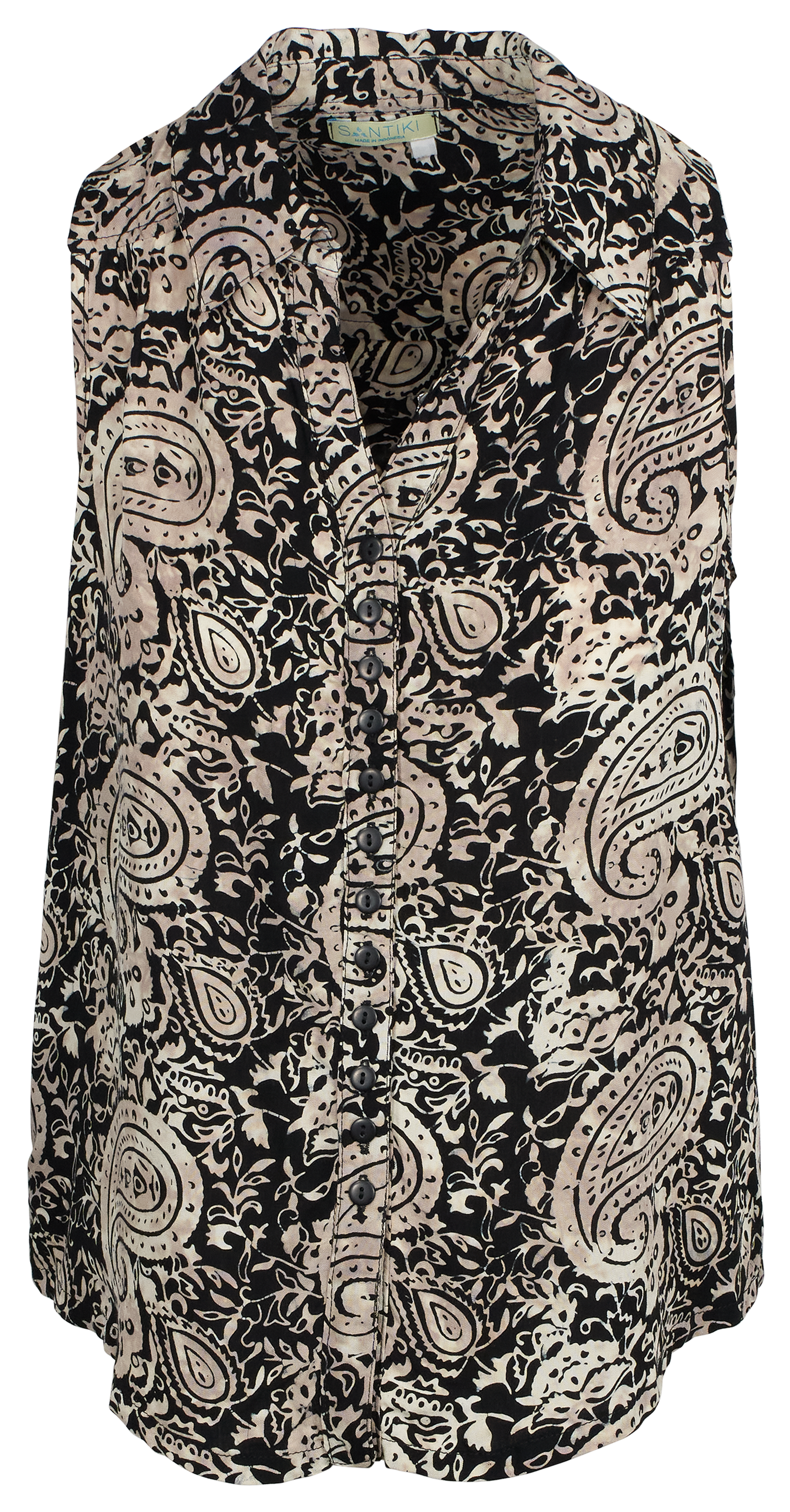 Image of Santiki Lindy Sleeveless Button-Front Top for Ladies - Black Tan Paisley - L