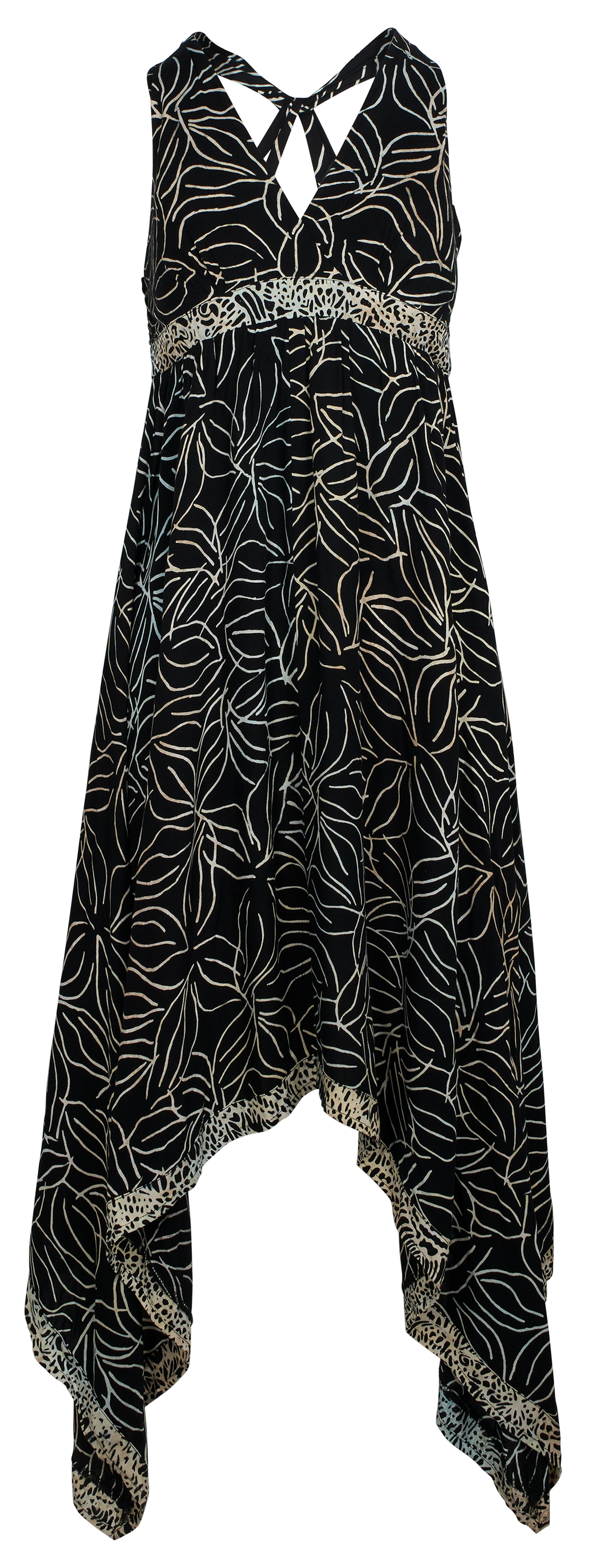 Image of Santiki Daphne Halter Handkerchief Dress for Ladies - Black Leaf - M