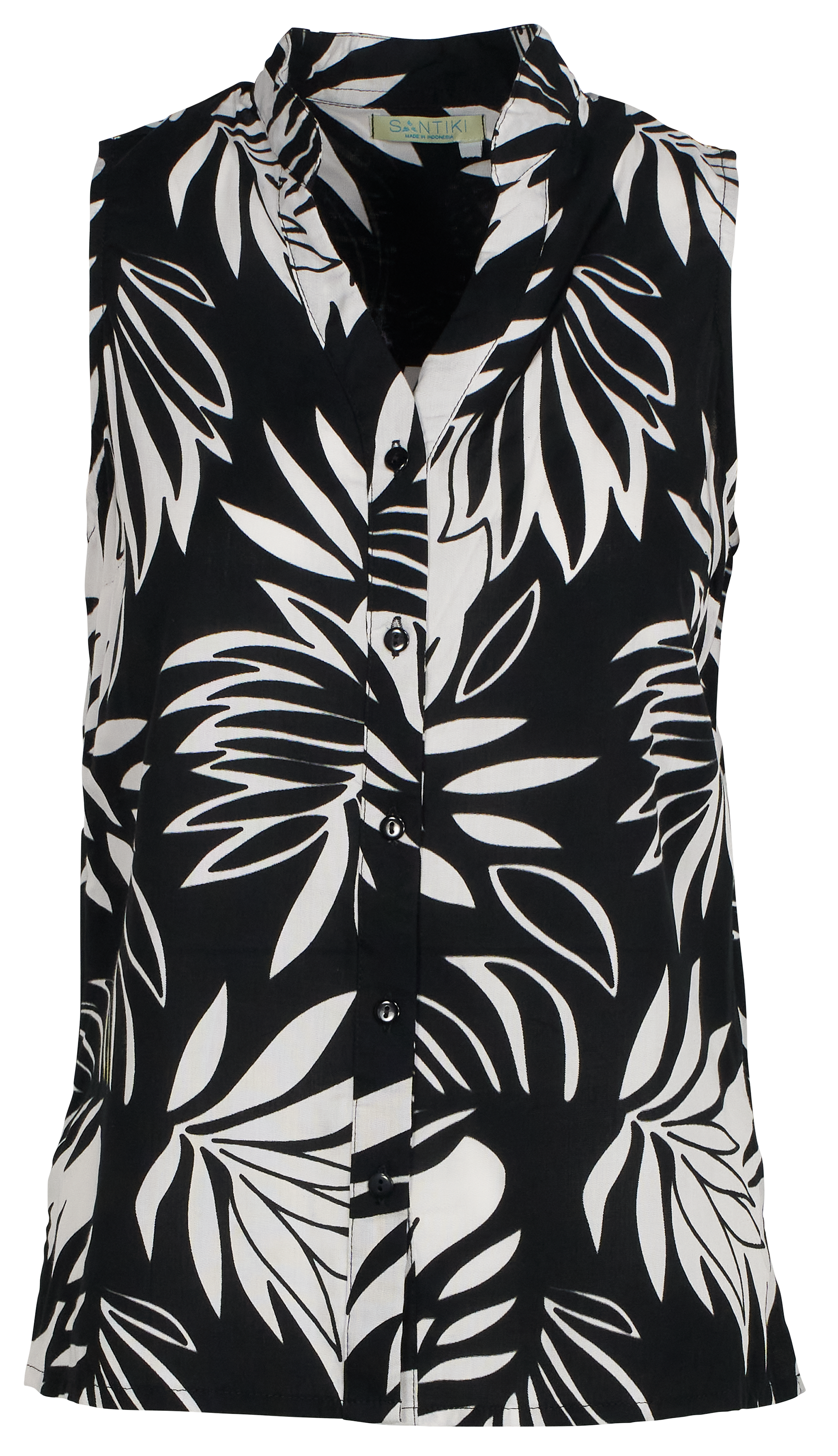 Image of Santiki Gianna Button-Up Sleeveless Shirt for Ladies - Black White Aloha - XL