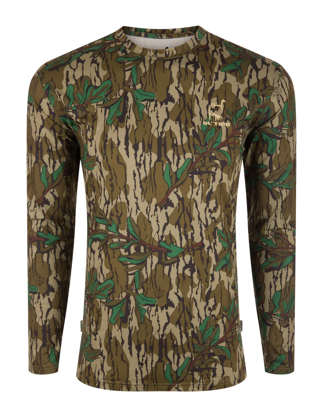 Image of Drake Waterfowl Performance Camo Long-Sleeve Crew Shirt for Men - Mossy Oak Greenleaf - 2XL